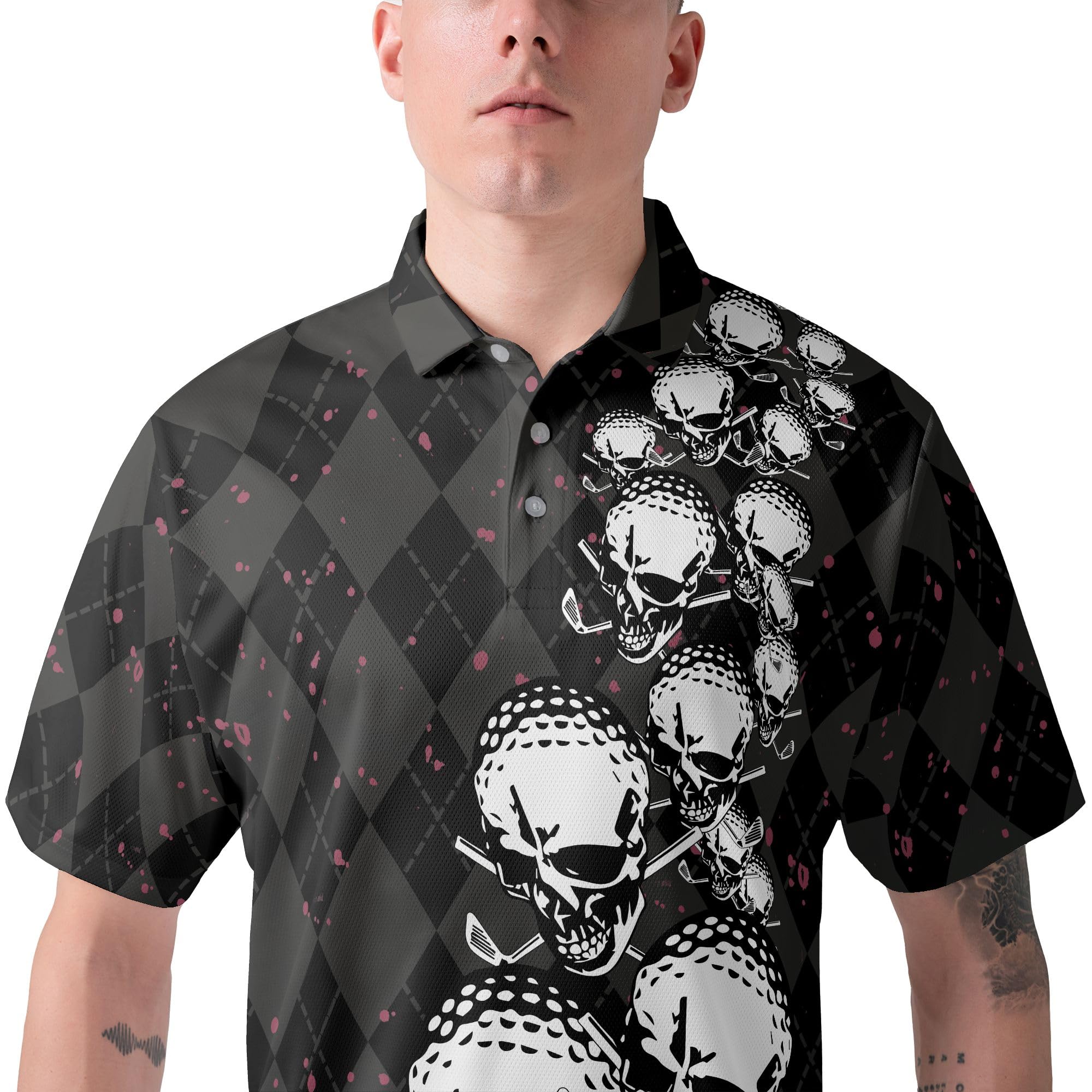 HYPERFAVOR Men's Skull Print Quick-Dry Golf Polo Shirt - Breathable Short Sleeve Performance Shirt for Golfing, Casual Wear & Outdoor Activities