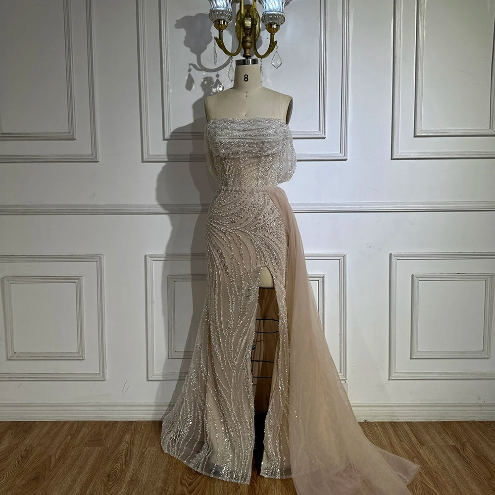 Elegant White Arabic Nude Beaded High Slit Mermaid Evening Gown for Women - Wedding, Party, Prom Dresses | Perfect for Formal Events, Red Carpet & Special Occasions