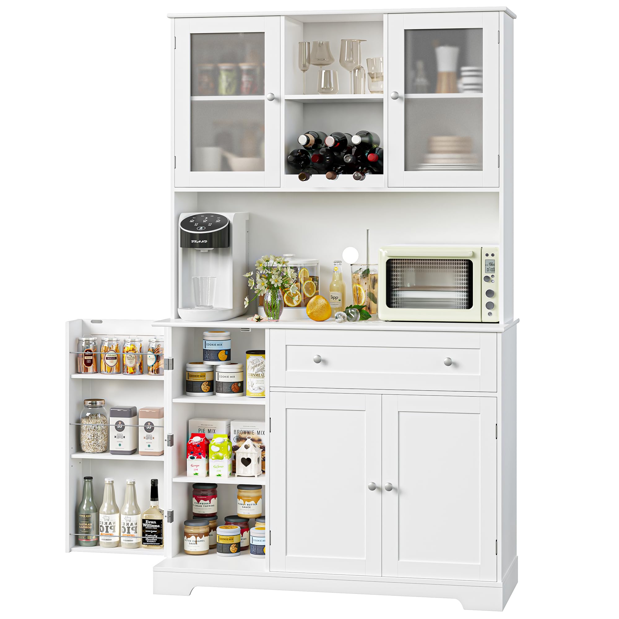 Modern White Kitchen Pantry Storage Cabinet with Hutch & Microwave Stand - Buffet Cabinet with Doors, Shelves & Wine Rack for Dining Room | Perfect for Small Kitchen Organization & Stylish Home Decor
