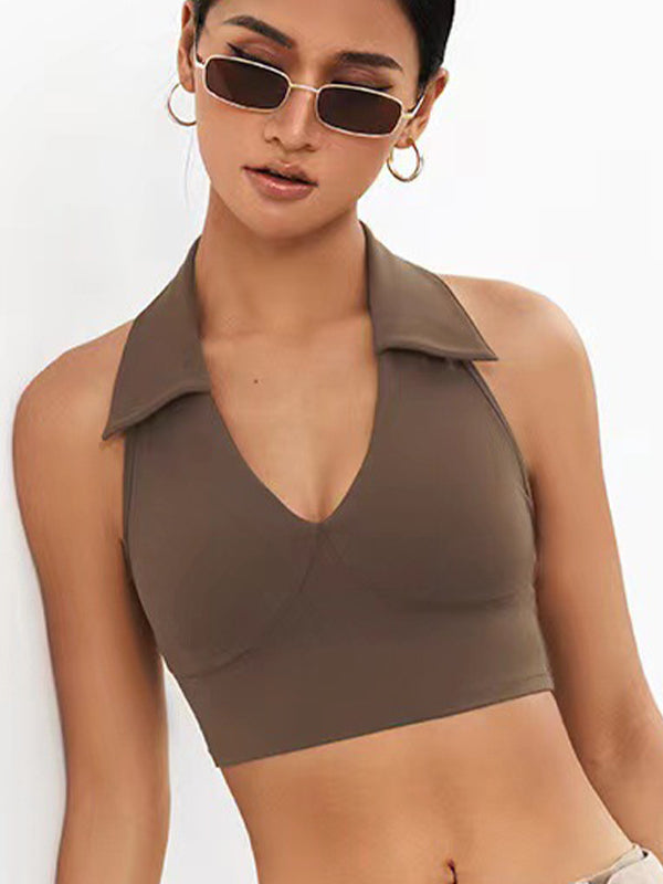 ZASUWA Women's Solid Color Stand Up Collar Deep V Neck Halter Backless Quick Dry Tank Top - Perfect for Yoga, Beach & Summer Workouts