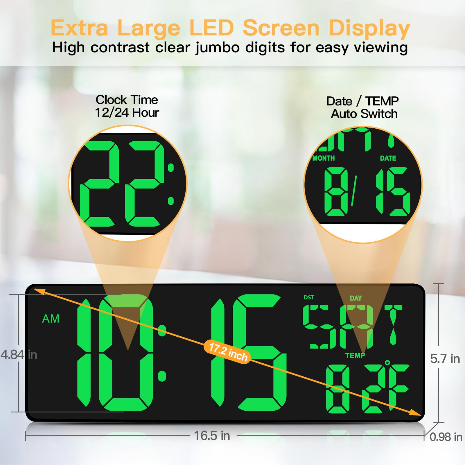 XREXS 16.5 Inch Large Digital Wall Clock with Remote Control - LED Display, Count Up/Down Timer, Adjustable Brightness, Plug-in Alarm Clock with Day/Date/Temperature - Perfect for Home, Office, Gym & Classroom Use