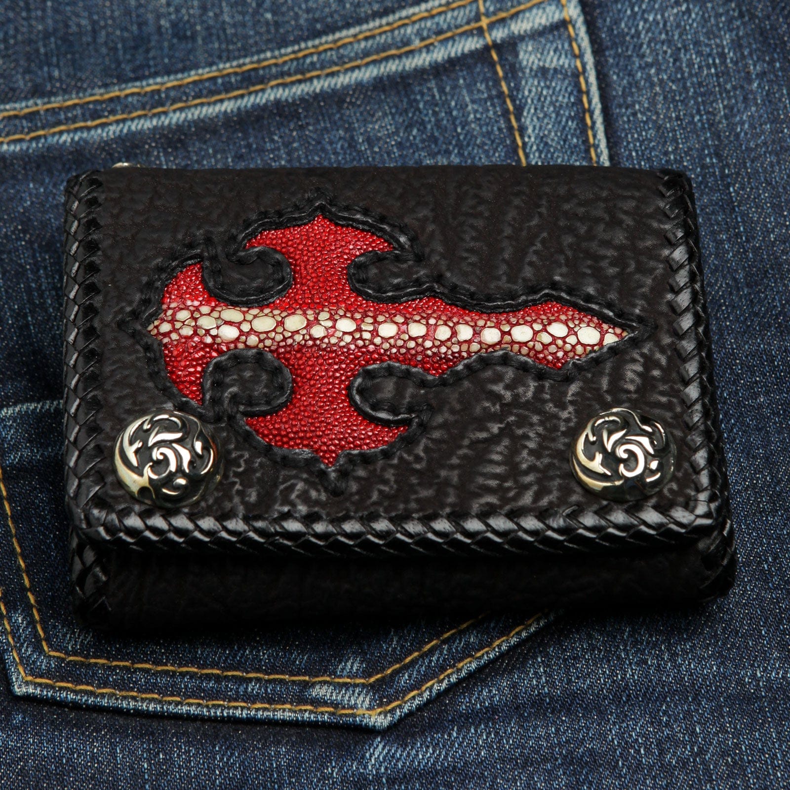 Genuine Leather Biker Wallet with Chain - Gothic Style Red Wallet for Men - Perfect for Motorcycle Riders, Bikers, and Fashion Enthusiasts