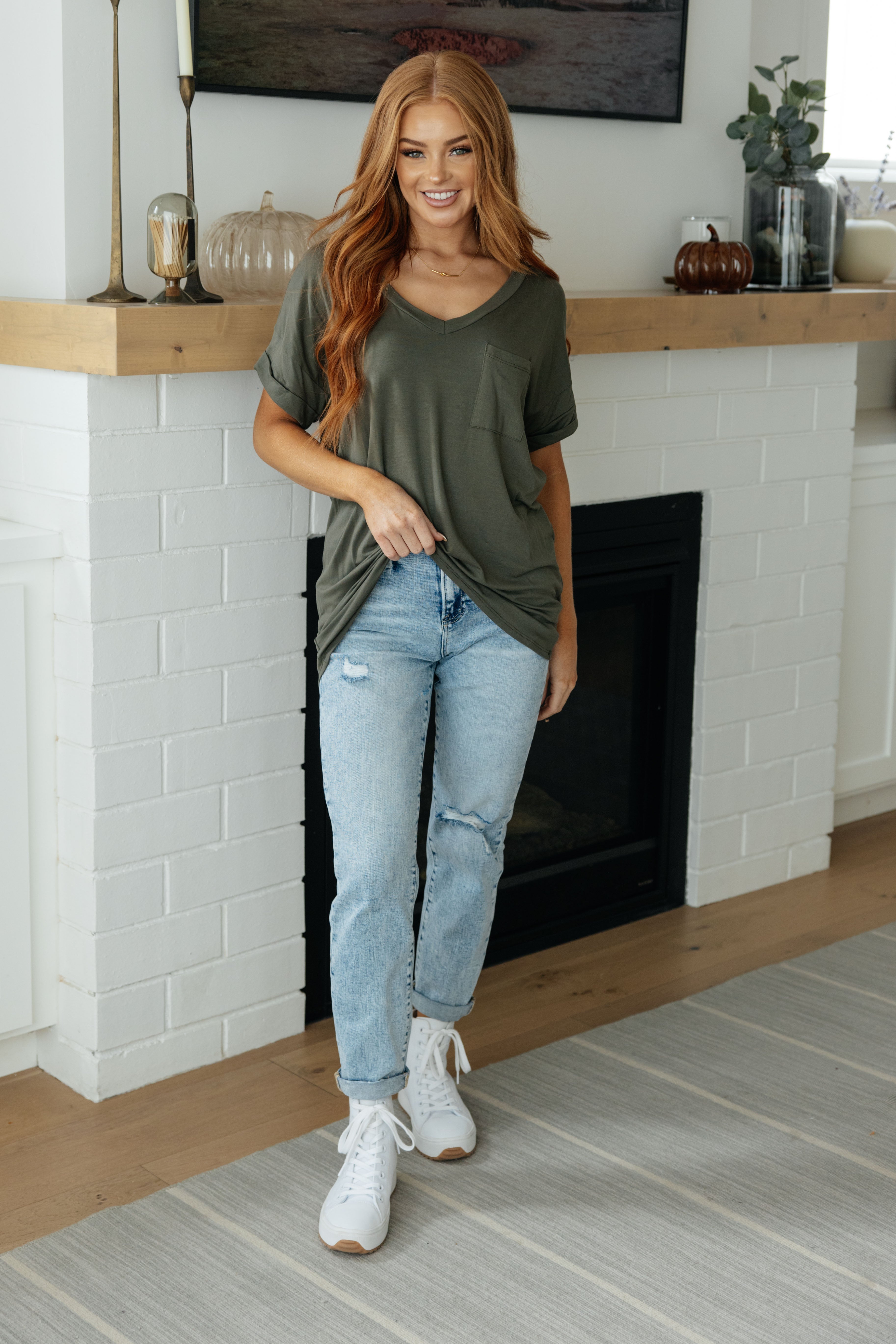 Absolute Favorite V Neck Top in Olive - Women's Casual Comfortable T-Shirt for Everyday Wear, Work & Outings