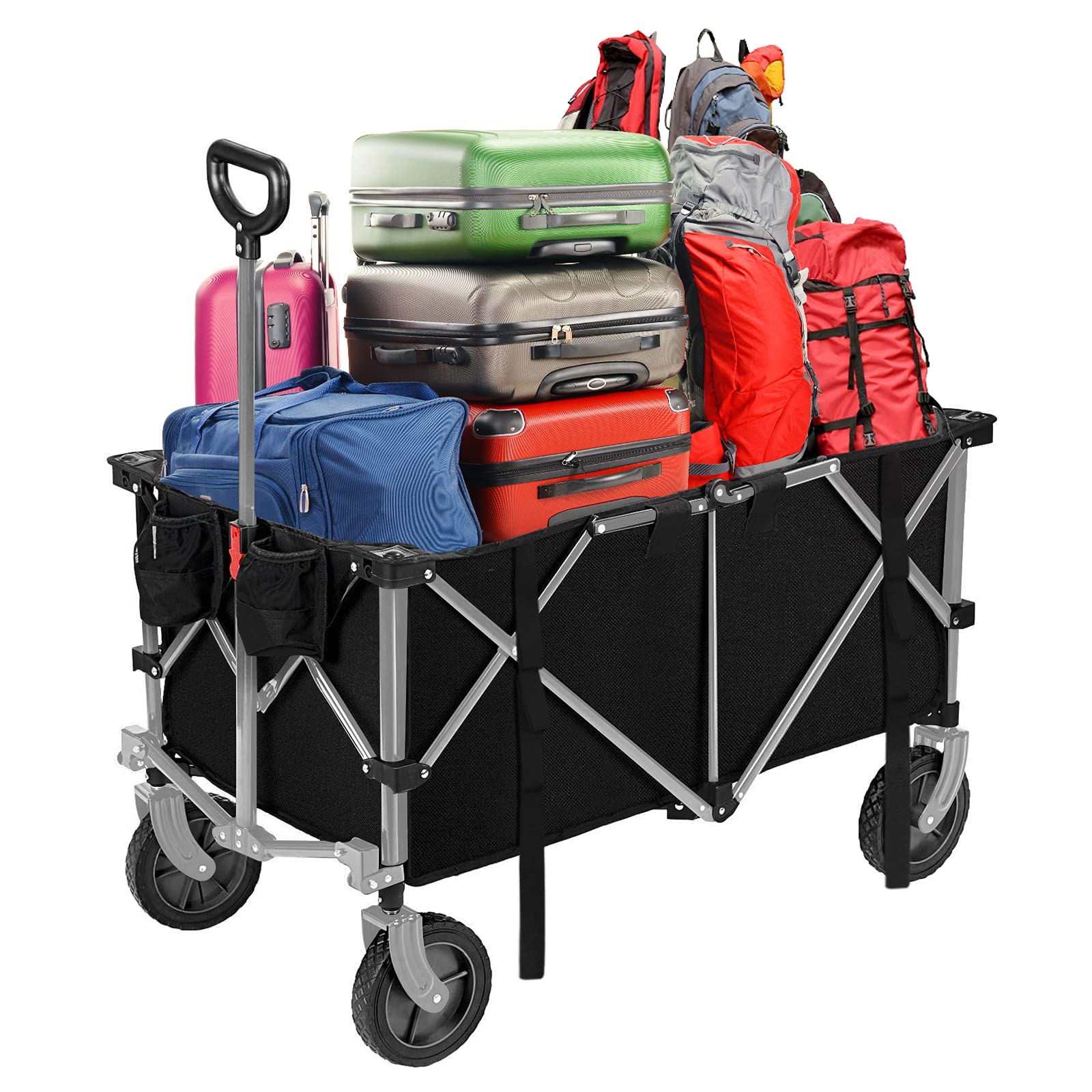 ROMISS Heavy Duty Folding Wagon Cart - Collapsible Utility Wagon with Universal Wheels for Camping, Gardening, Sports & Shopping - Perfect for Outdoor Adventures, Beach Trips, and Grocery Hauling (Black)