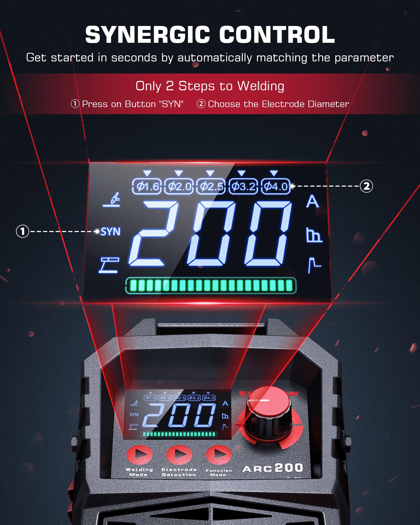 ARCCAPTAIN 200A IGBT Inverter Stick Welder - 110V/220V Portable MMA Welding Machine with Synergic Control, Large LED Display, Hot Start, Arc Force & Anti-Stick - Ideal for DIY Projects, Metal Fabrication, Auto Repair and Home Maintenance