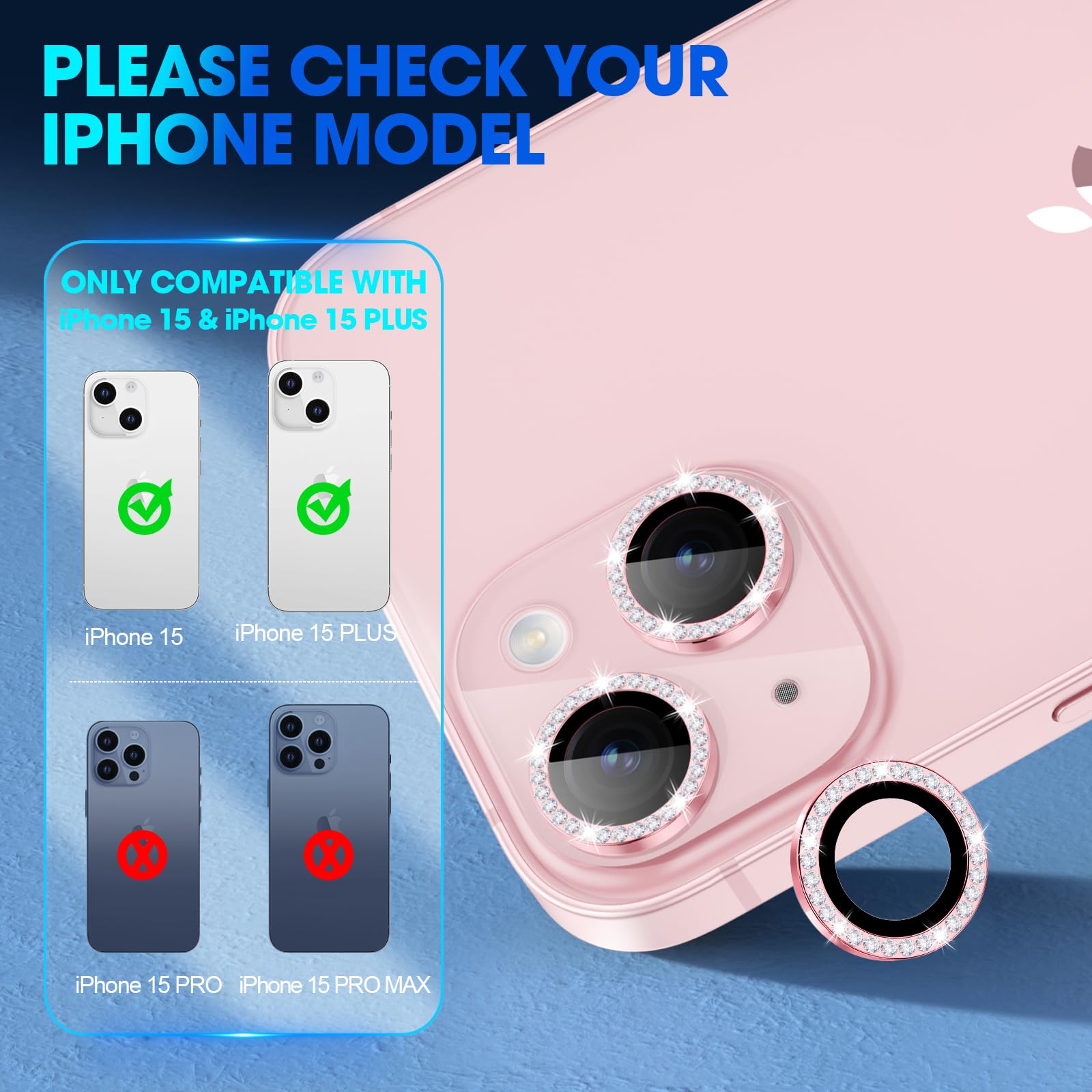 Xfilm iPhone 15/15 Plus Camera Lens Protector - 9H Hardness Scratchproof Metal Diamond Ring Cover | Stylish Bling Accessory | Case Friendly (Pink Diamond) | Perfect for Daily Use, Travel & Photography Protection