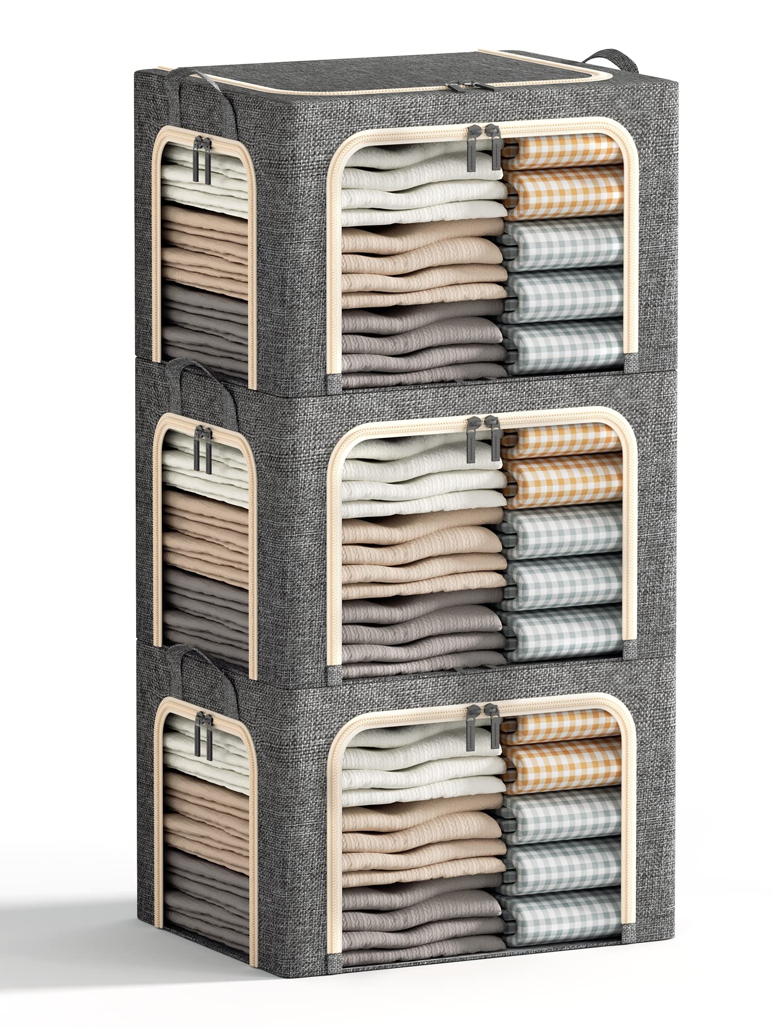 3-Pack Foldable Clothes Storage Bins with Metal Frame & Clear Window - 40L Dark Grey Linen Storage Box with Zipper Lid & Durable Handles | Perfect for Closet Organization, Seasonal Clothing Storage & Underbed Organization