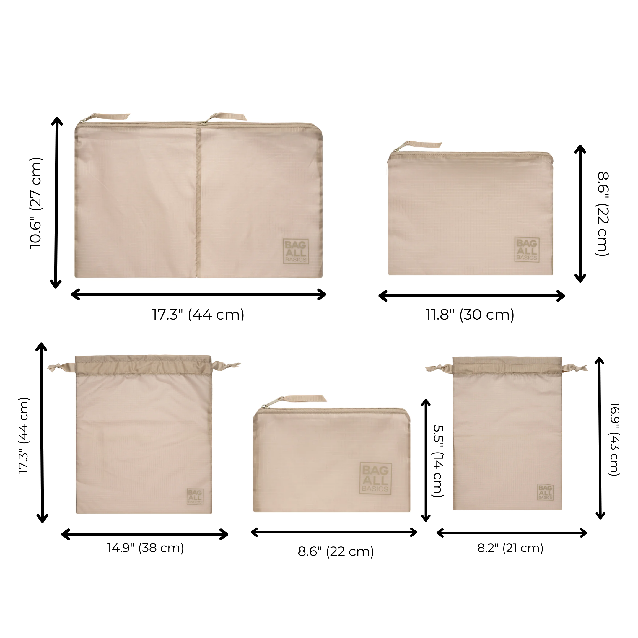Eco-Friendly Recycled Nylon Packing Bags Set - 5 Piece Travel Organizer Kit in Taupe for Suitcase, Gym & Home Storage Organization