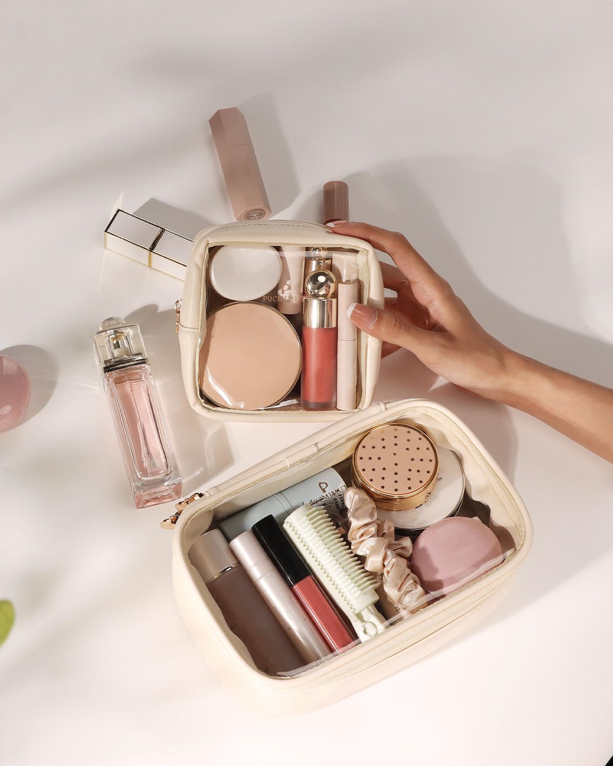 Pocmimut Small Clear Makeup Bag for Women - Travel Cosmetic Organizer & Car Accessories Storage | Perfect for Travel Essentials, Daily Use & On-the-Go Beauty Storage (Beige)