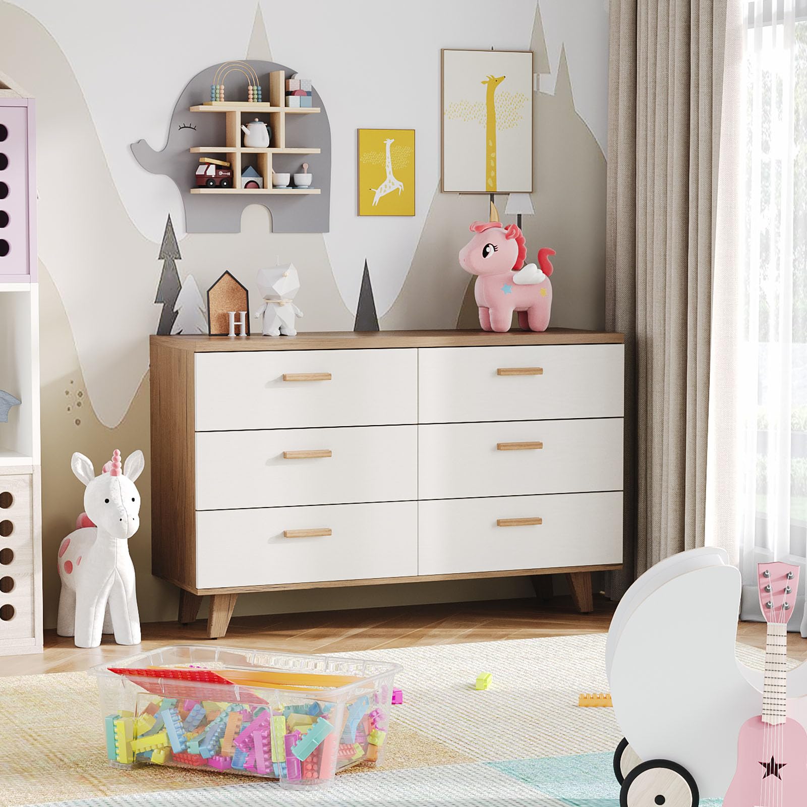White 6-Drawer Dresser for Bedroom & Nursery - Solid Wood Handles & Pine Wood Legs - Perfect for Baby & Kids Room Organization & Storage