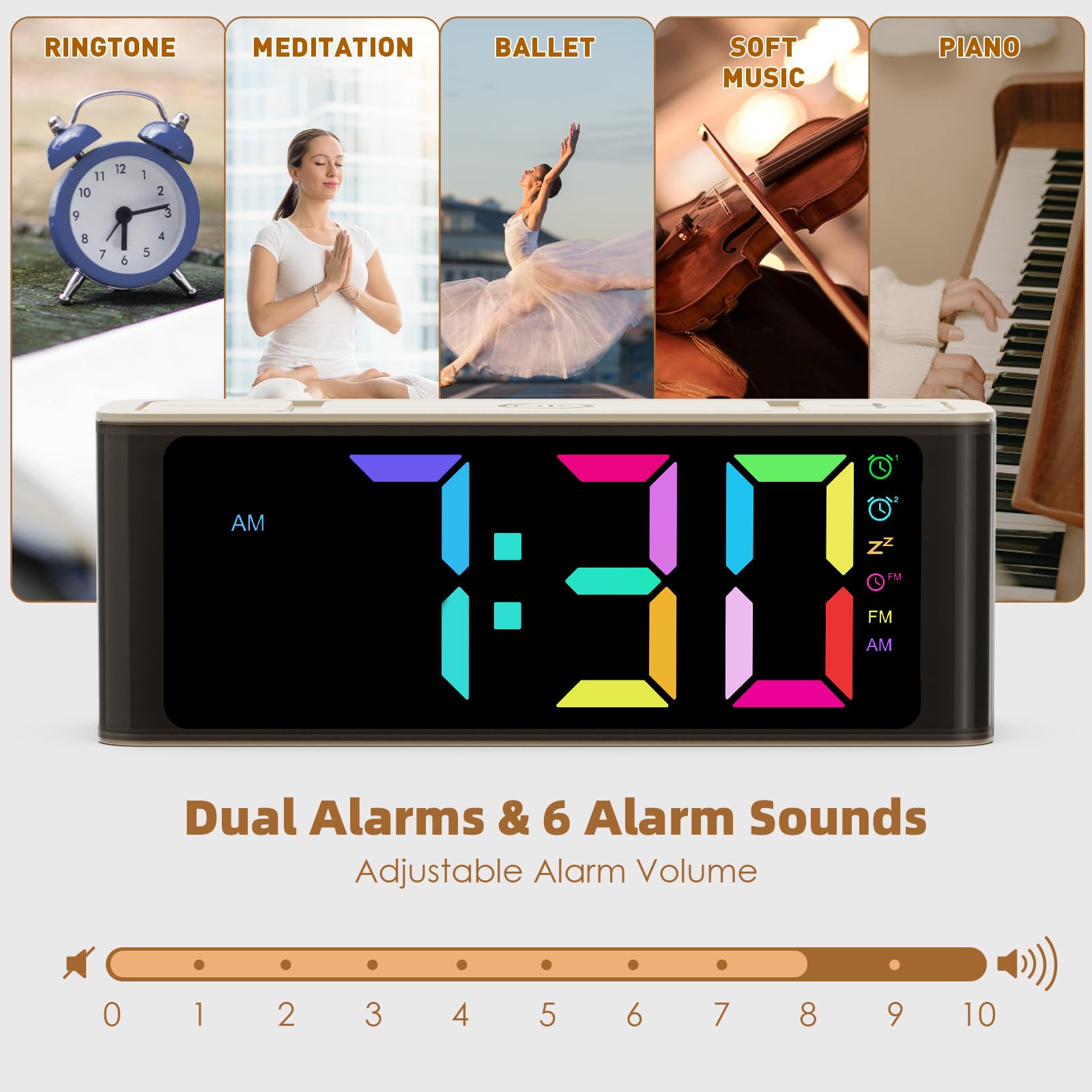 I·CODE Digital AM/FM Radio Alarm Clock with Auto-On Timer, Dual Alarm, Snooze Function & Loud Speaker - Large RGB Backlit Display with Big Buttons, AC Outlet Powered - Perfect for Bedroom, Office, Dorm Room & Travel Use