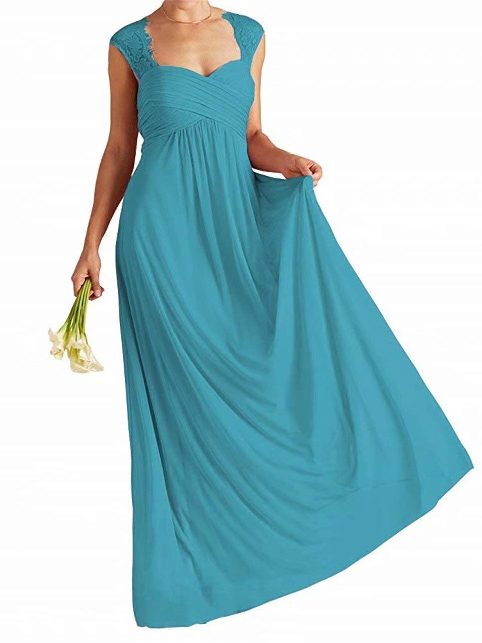 Elegant Women's Lace Cap Sleeve Bridesmaid Dress - Long Chiffon Beach Wedding Gown for Evening Prom & Special Occasions | Perfect for Beach Weddings, Formal Events & Party Celebrations