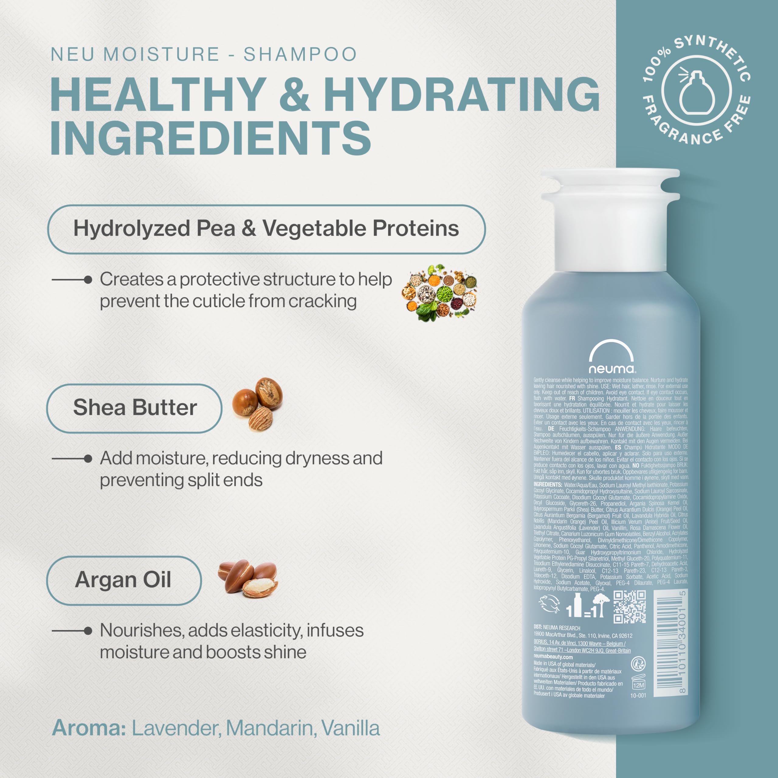 Neuma Neu Moisture Shampoo for Dry Hair - Hydrating Lavender, Mandarin & Vanilla Scented Shampoo | Sulfate-Free & Color Safe | Perfect for Daily Use & Salon-Quality Results at Home