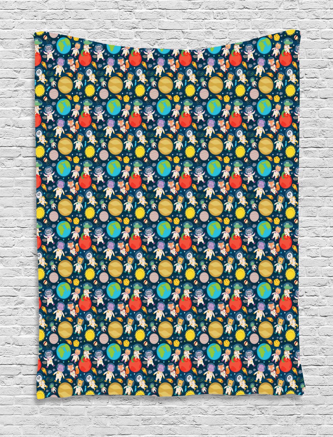 Ambesonne Space Tapestry - Funny Astronauts Flying in Cosmic Galaxy with Planets, 60