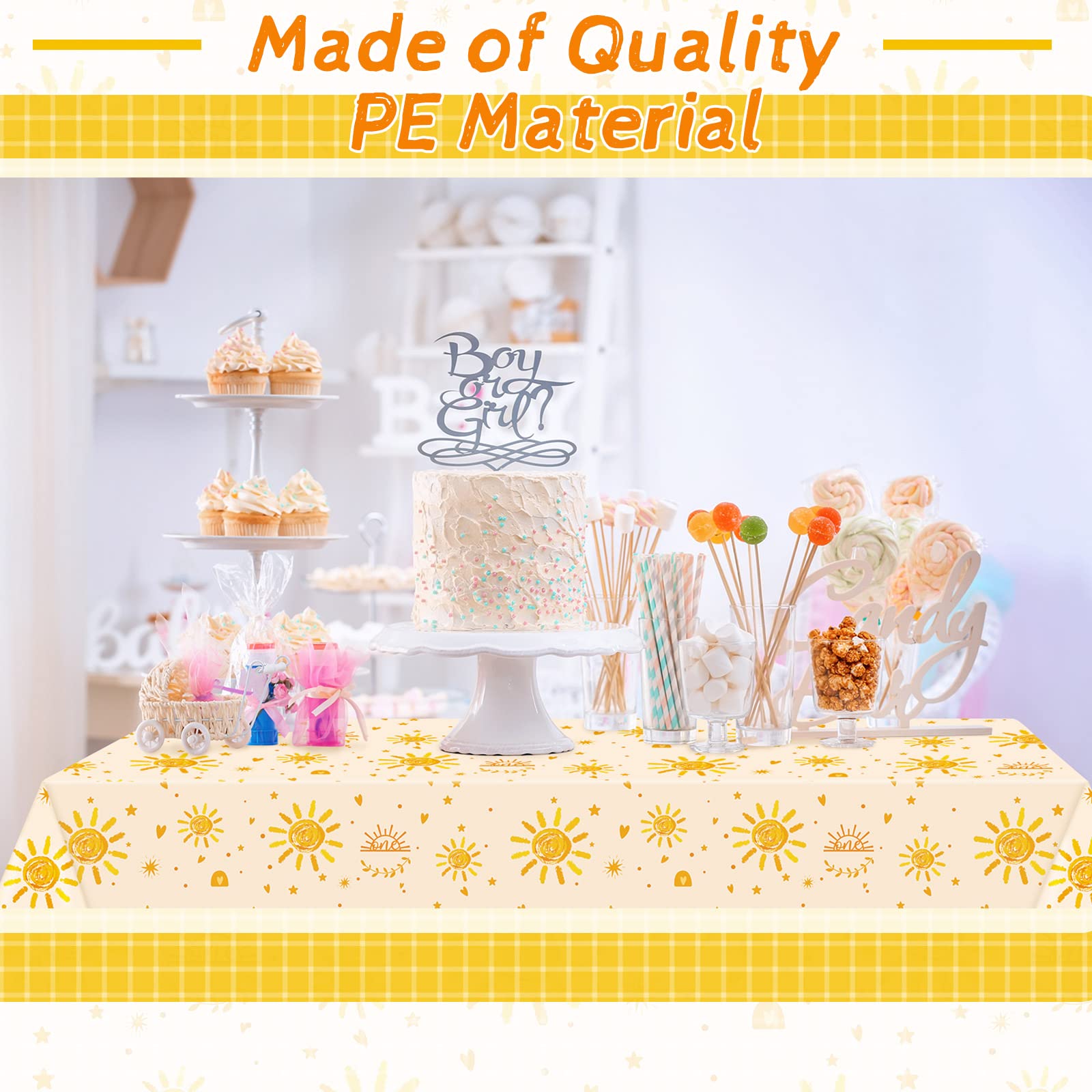 Jetec 4-Pack Boho Sun Birthday Party Tablecloths - 51.2 x 86.6 Inch Rectangular Plastic Table Covers for First Birthday, Baby Shower & Outdoor Celebrations - Sun-Themed Party Decorations Supplies