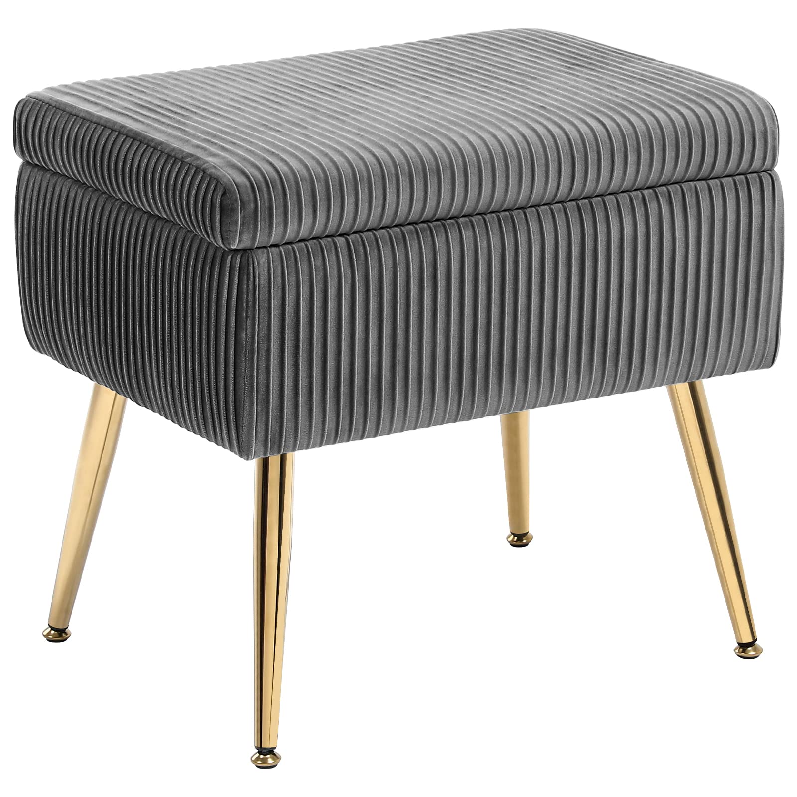 Furniliving Velvet Upholstered Vanity Stool with Metal Legs - Thick Cushioned Makeup Chair, Pleated Design Storage Bench for Bedroom & Dressing Room (Grey) | Perfect for Makeup Vanity, Bedroom Seating & Home Decor