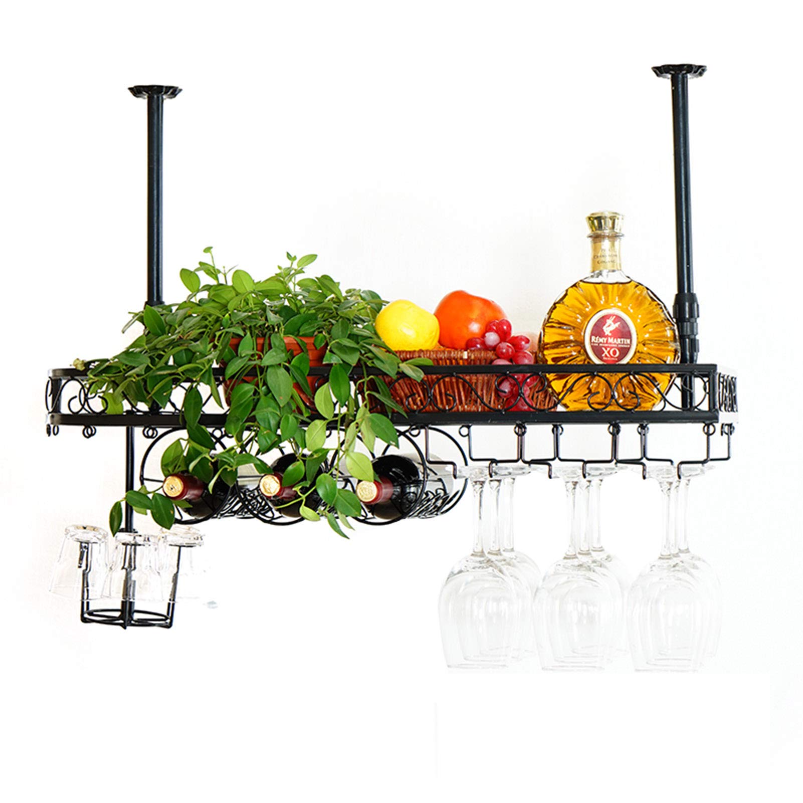Rustic Metal Wine Shelf - Ceiling Mounted Stemware Hanger Organizer Rack - Holds 3 Wine Bottles & 15 Glasses (80x25cm) - Perfect for Kitchen, Bar, Restaurant & Home Wine Storage