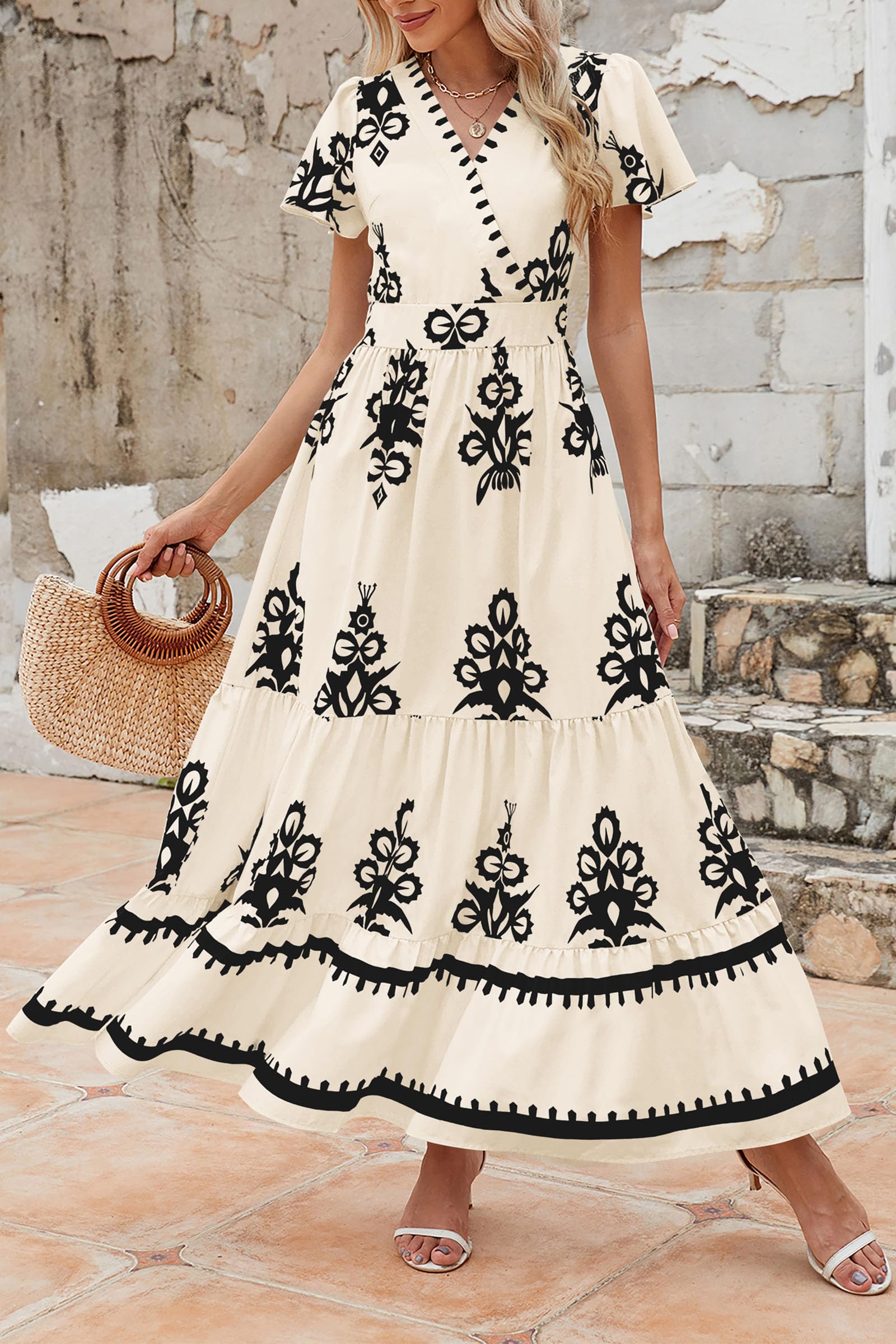 PRETTYGARDEN Women's 2025 Summer Boho Floral Maxi Dress - V Neck, Flowy A-Line, Bell Sleeve, Tiered Design with Pockets | Perfect for Beach Vacations, Music Festivals & Summer Parties