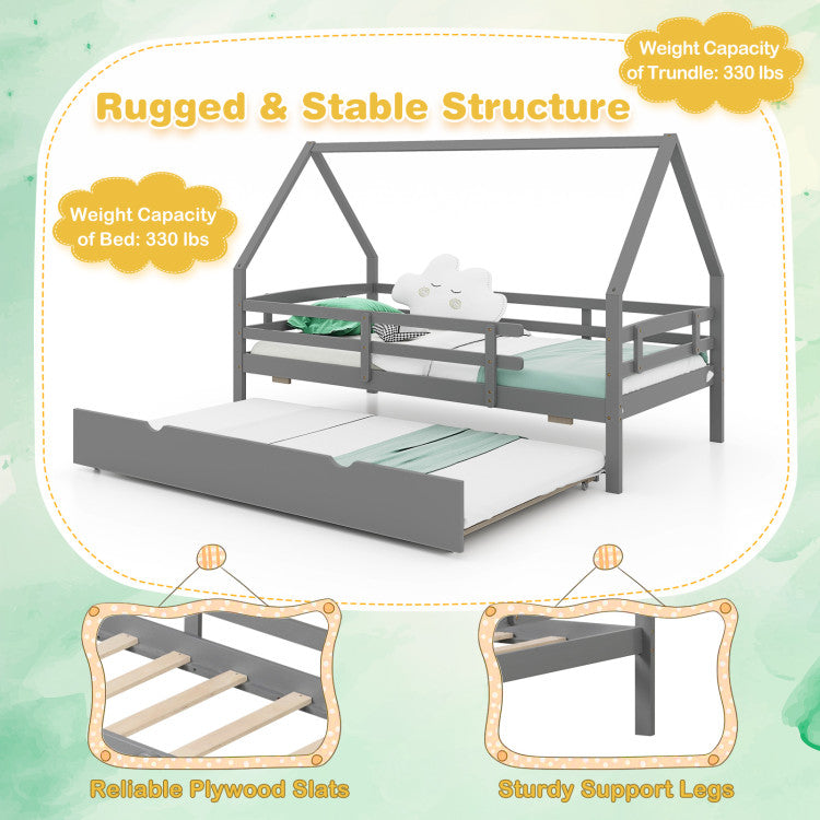 Costway Twin Size House Bed Frame with Trundle, Fence Rail & Roof Design - Kids Playhouse Bed for Bedroom, Playroom & Nursery (White)