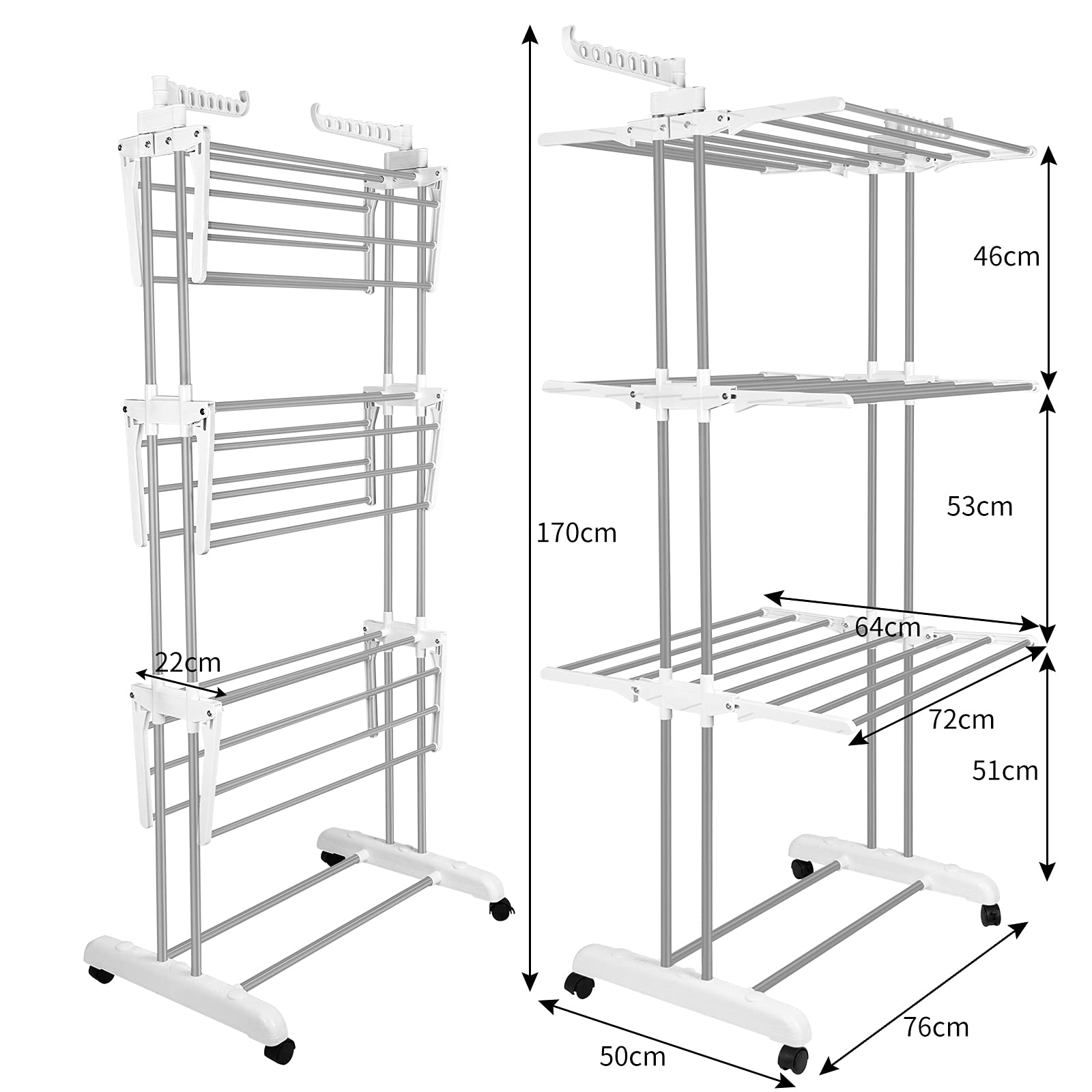Bigzzia 4-Tier Stainless Steel Clothes Drying Rack - Foldable Laundry Rack for Indoor & Outdoor Use with 2 Side Wings | Space-Saving Grey White Garment Organizer | Perfect for Apartments, Balconies, and Small Spaces