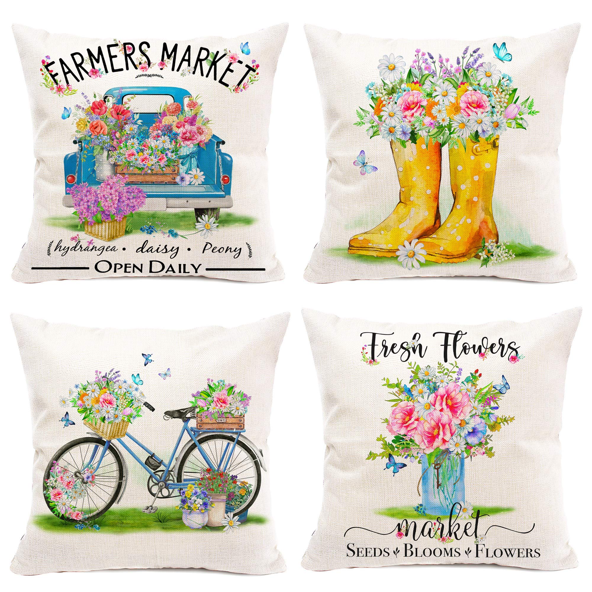 Hexagon Floral Spring Pillow Covers 18x18 Inch Set of 4 - Linen Farmhouse Decorative Flower Truck Summer Welcome Pillow Cases for Sofa, Couch, Bedroom & Outdoor Porch Decor