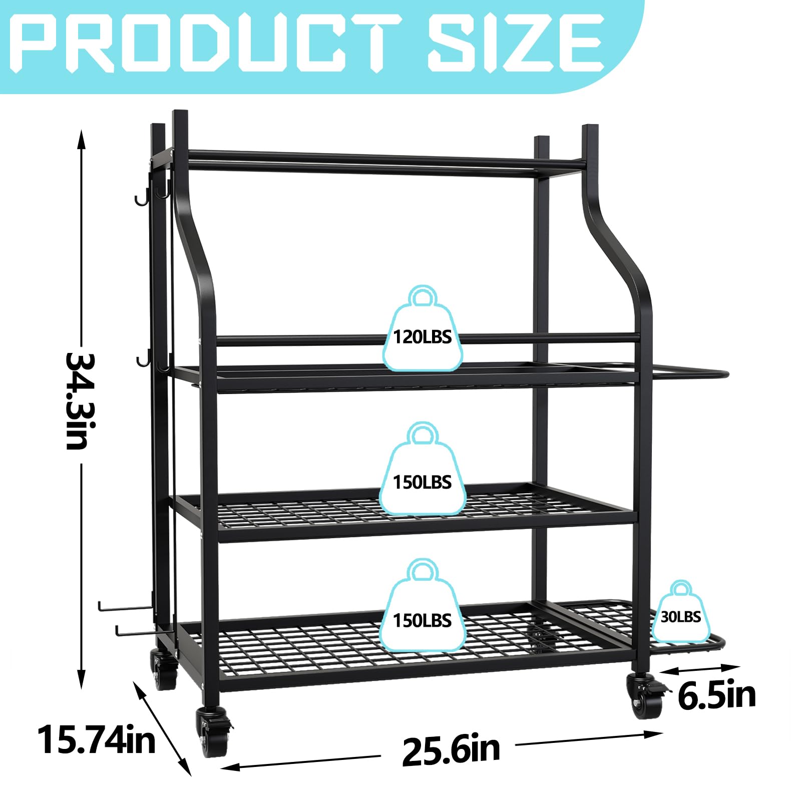 Heavy Duty Adjustable Weight Rack for Dumbbells & Kettlebells - 450 lbs Capacity Home Gym Storage Organizer with Wheels & Hooks - Perfect for Yoga Mats, Exercise Balls & Fitness Equipment Storage - Ideal for Home Gym, Garage Workout Space & CrossFit Studios