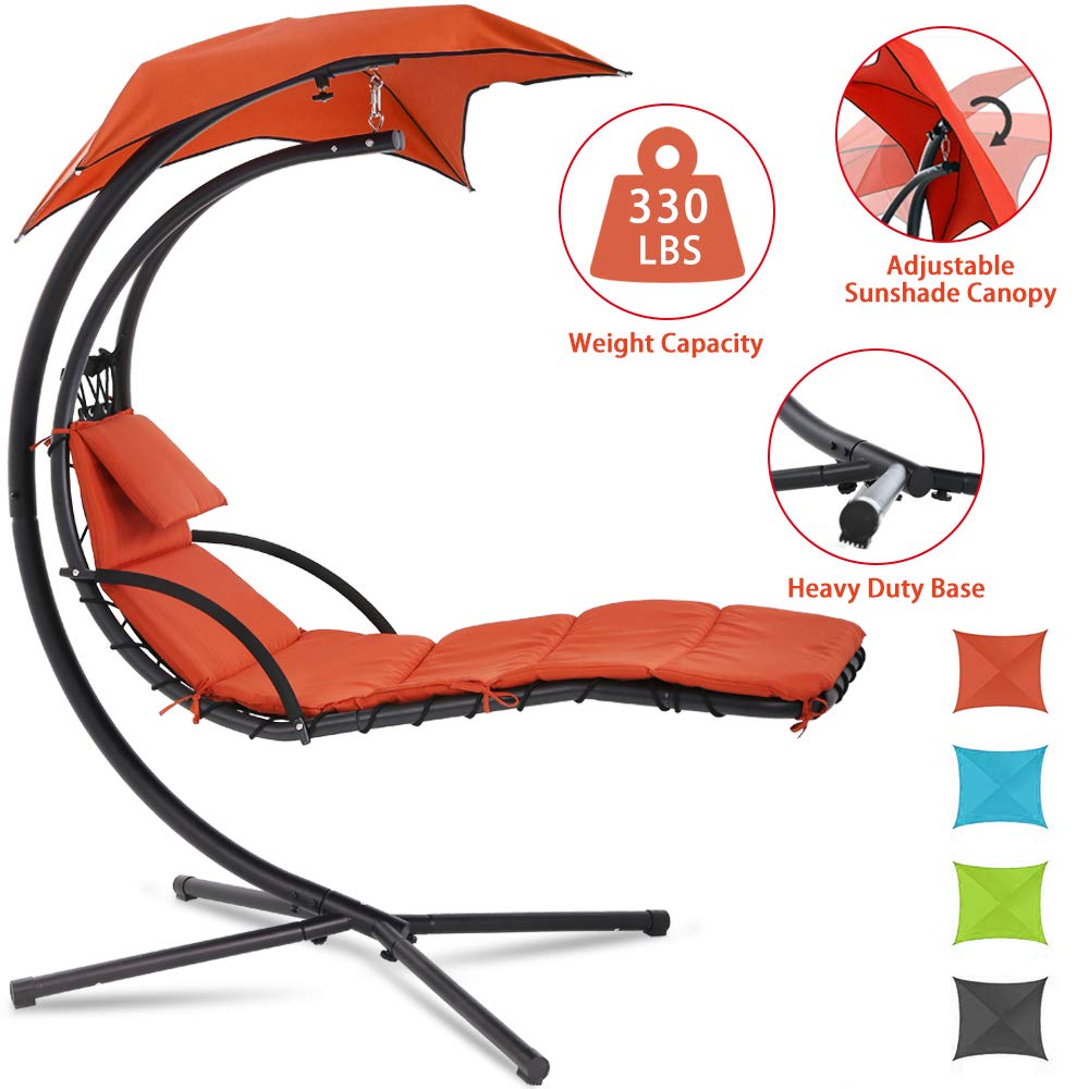 Dkelincs Hanging Egg Chair - Outdoor Swing Chair with Canopy Umbrella & Cushion, Heavy Duty Curved Chaise Lounge for Porch, Patio, Backyard - Perfect for Relaxing, Sunbathing & Reading in Your Garden