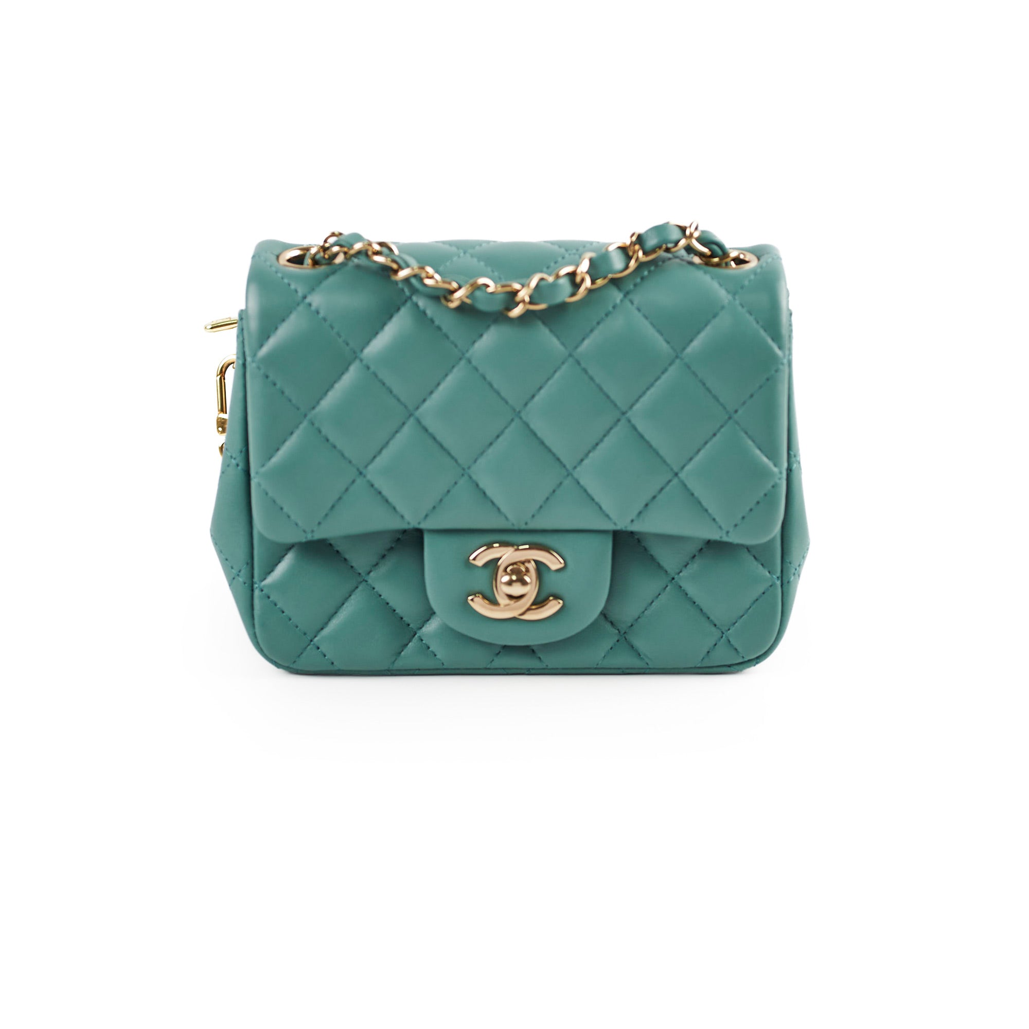 Chanel Mini Square Flap Bag Lambskin Leather Teal Green Microchip Luxury Crossbody Purse for Women - Perfect for Date Night, Parties & Special Occasions