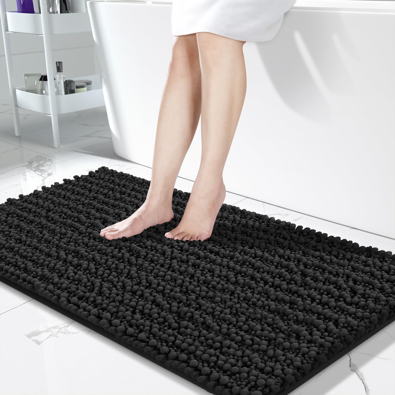 Yimobra Extra Soft Chenille Bath Rug Mat - 55.1 x 24 Inch Large Non-Slip Shaggy Bathroom Mat | Super Absorbent Microfiber Bath Mat for Floor, Tub & Shower | Machine Washable | Black | Perfect for Bathroom Safety and Luxury Comfort