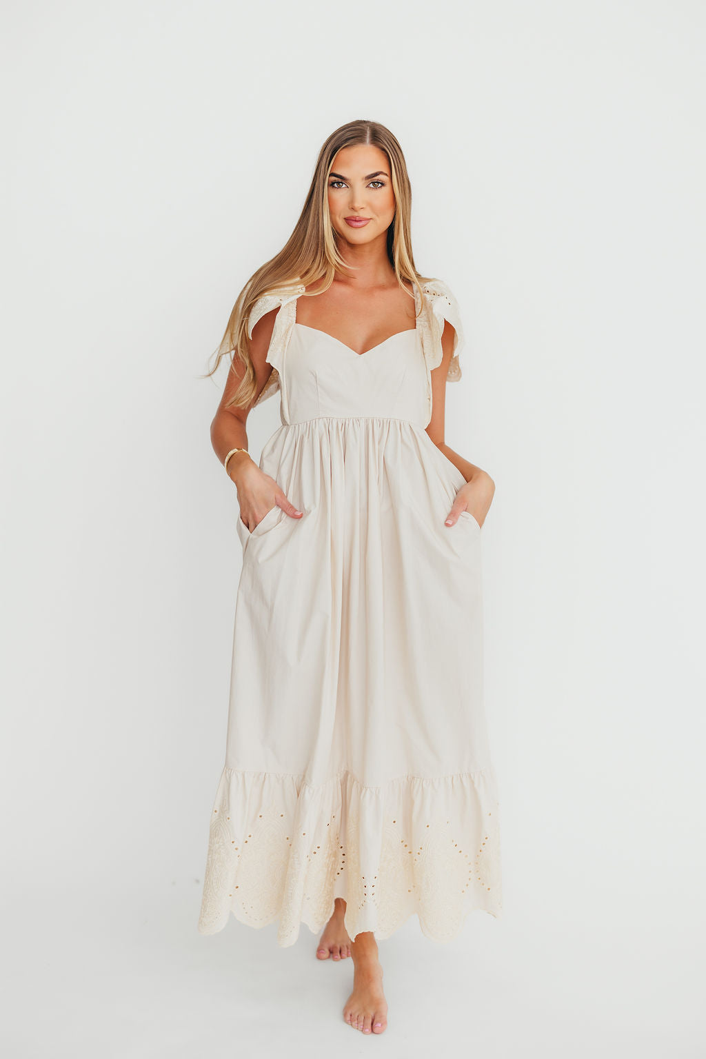 Brooklyn 100% Cotton Eyelet Detail Maxi Dress in Natural - Flowy Summer Dress for Beach, Wedding & Casual Wear | Breathable & Comfortable Women's Fashion