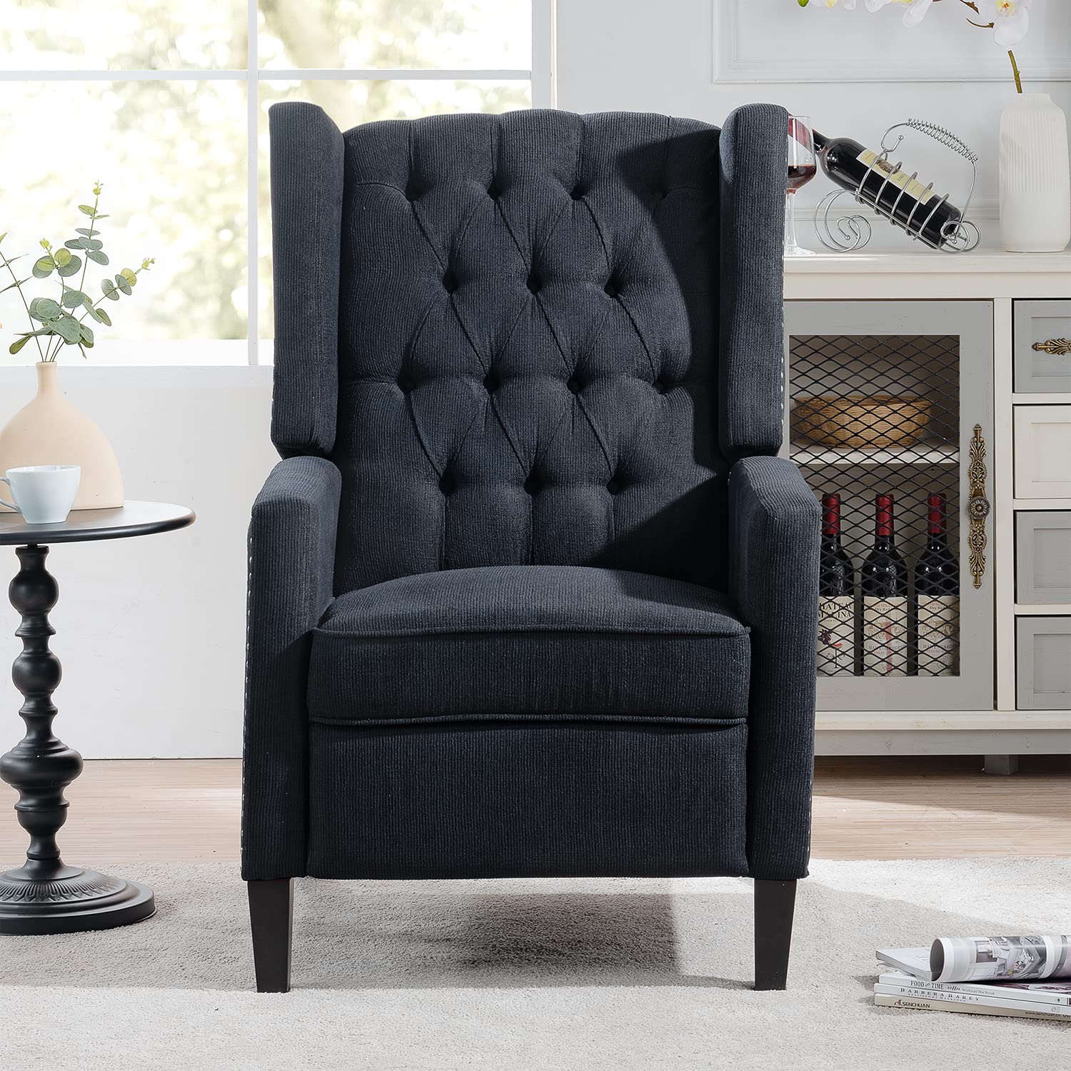 Black Fabric Recliner Chair for Adults - Mid-Century Modern Wingback Accent Chair with Tufted Design, 27