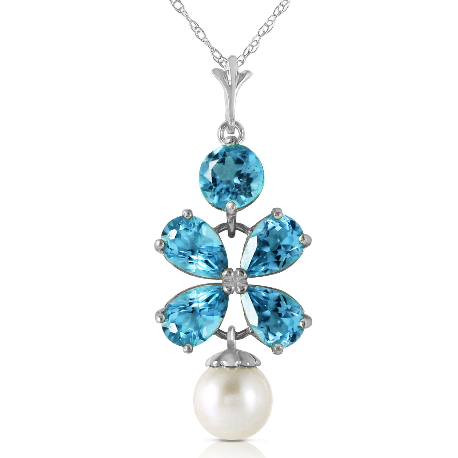 14K Solid White Gold Necklace with 3.65 CTW Natural Blue Topaz & Freshwater Pearl Pendant - Elegant Jewelry for Women, Perfect for Weddings, Anniversaries & Special Occasions