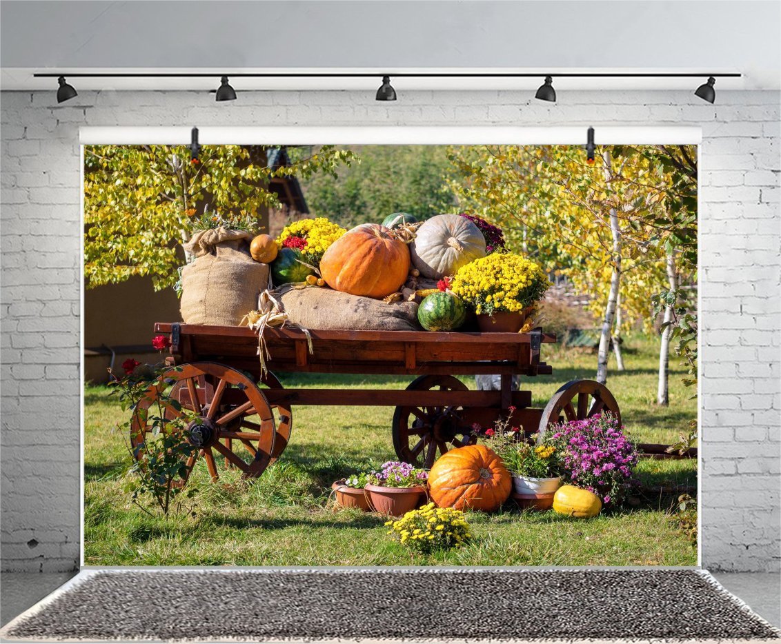 Yeele 10x8ft Autumn Harvest Backdrop - Pumpkin Farm Wooden Cart Photography Background for Thanksgiving Party, Fall Festival Photo Booth Props | Perfect for Studio Shoots, Country Themed Events & Seasonal Decor