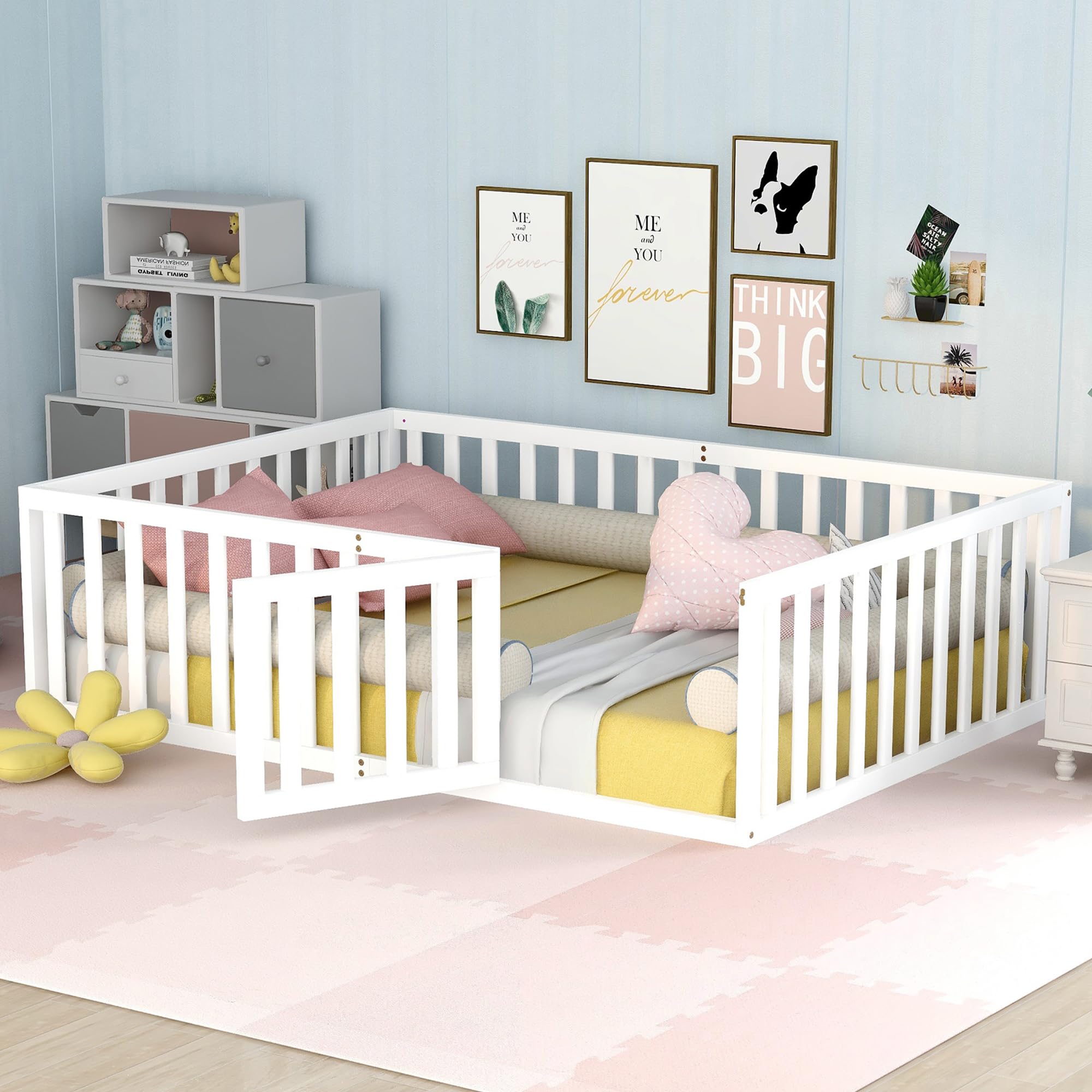 Montessori Floor Bed for Kids - Full Size Wooden Bed with Safety Fence & Door | No Slats Design | Toddler Bed for Boys & Girls (White) | Perfect for Montessori Rooms, Daycare Centers & Safe Toddler Sleeping Spaces