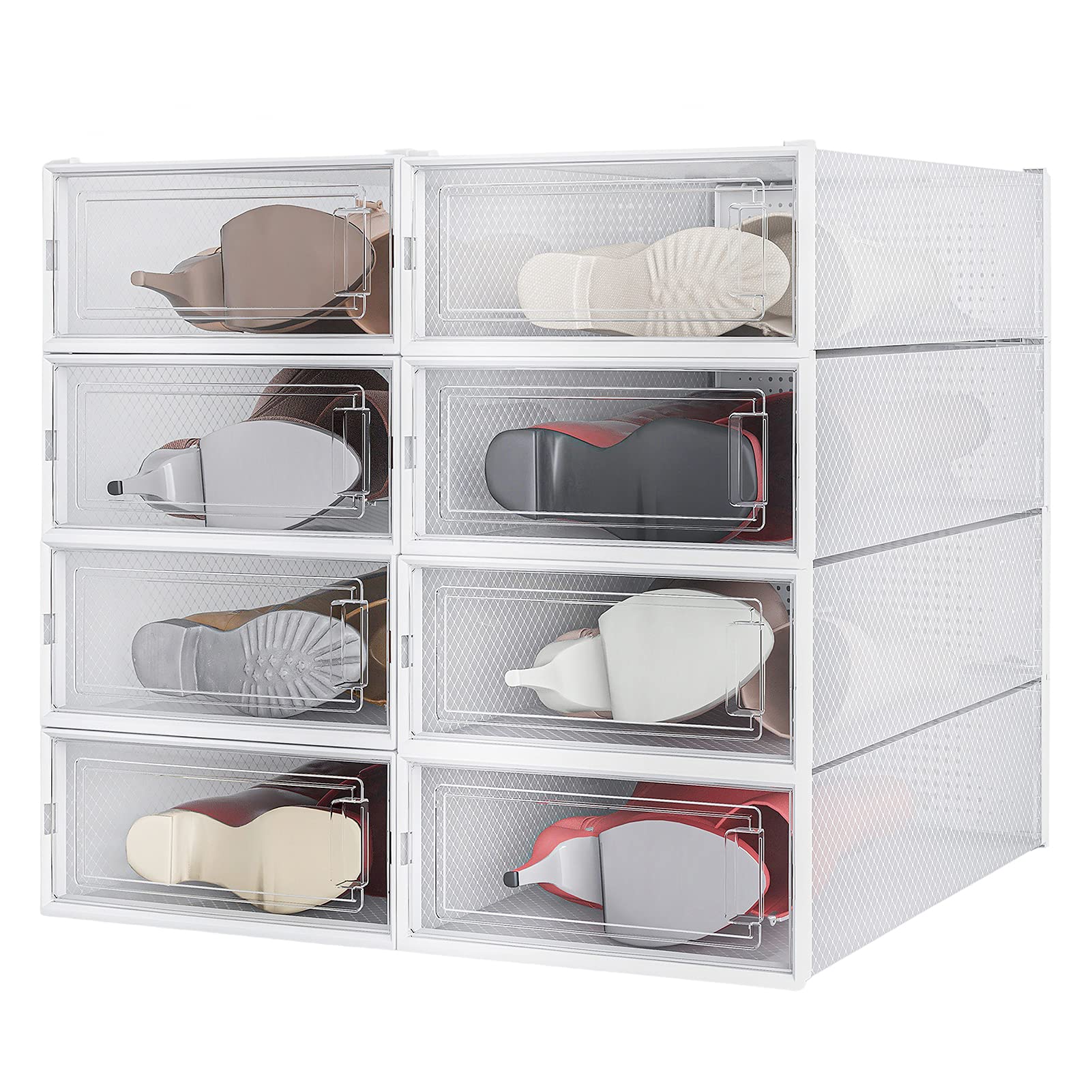 PARANTA 8-Piece Clear Plastic Shoe Storage Box Organizer - Stackable Boot Shoe Box with Transparent Door for Women's Shoes (20.5