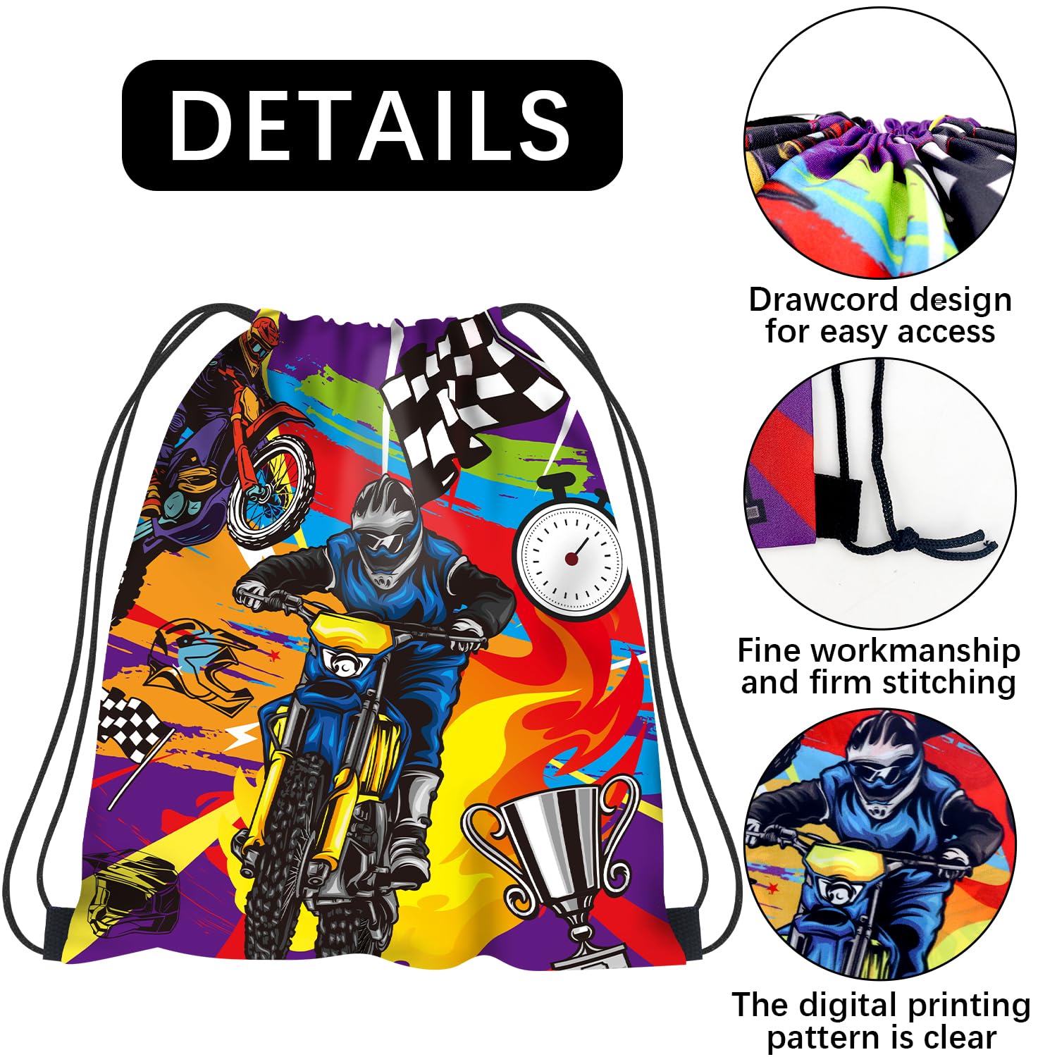 Dirt Bike Party Favor Supplies - Motorcycle Theme Motocross Drawstring Goodie Bags, Wristbands & Badges for Boys - Perfect for Kids Birthday Parties, Motocross Themed Events & Outdoor Adventure Celebrations