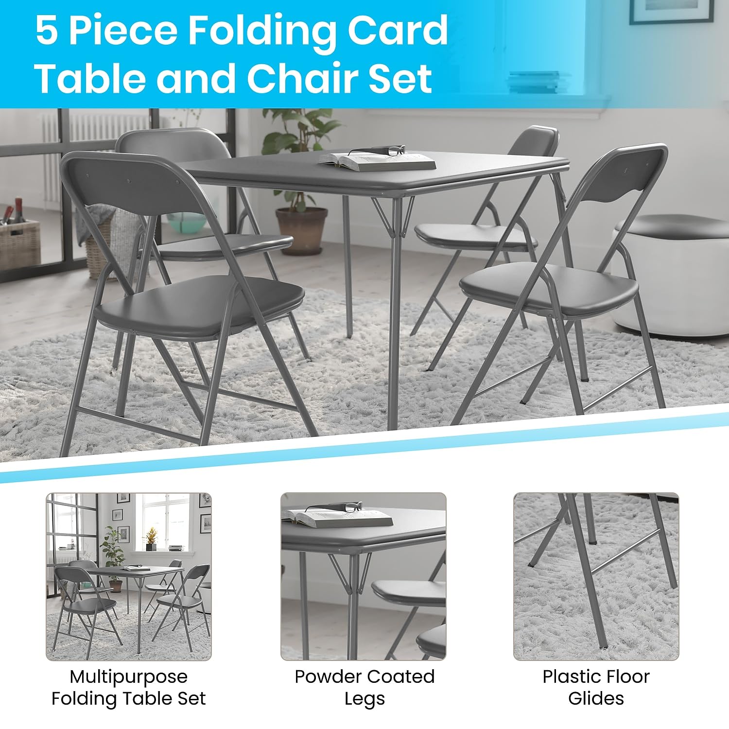 Flash Furniture Madison 5-Piece Folding Card Table and Chairs Set - Portable Indoor/Outdoor Event Furniture for Parties, Picnics & Game Nights (Gray)