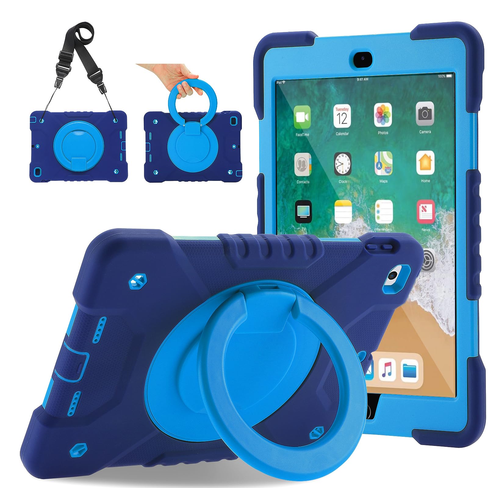 Premium Heavy Duty Protective Case for iPad 6th/5th Gen & Air 2/Pro 9.7 Inch (2017/2018) - Shockproof Cover with 360° Rotating Handle Stand, Shoulder Strap & Apple Pencil Holder (Navy+Blue) - Perfect for Travel, Work & School Use