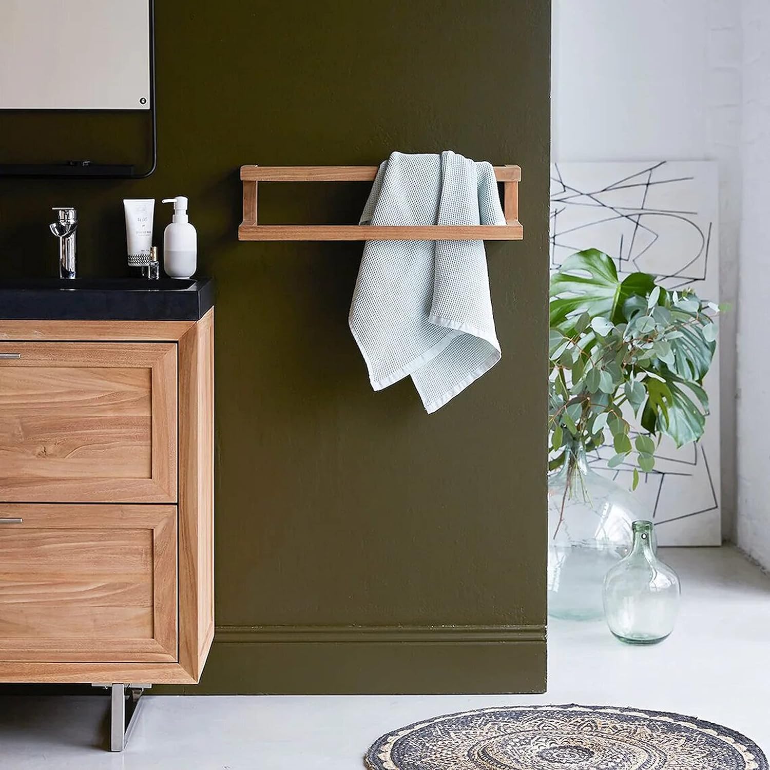 WOODVUE Solid Wood Bathroom Towel Rack - Rustic Brown Wall-Mounted Towel Holder & Yoga Mat Organizer | Space-Saving Bathroom Decor for Small Spaces, Spa, Yoga Studio & Home