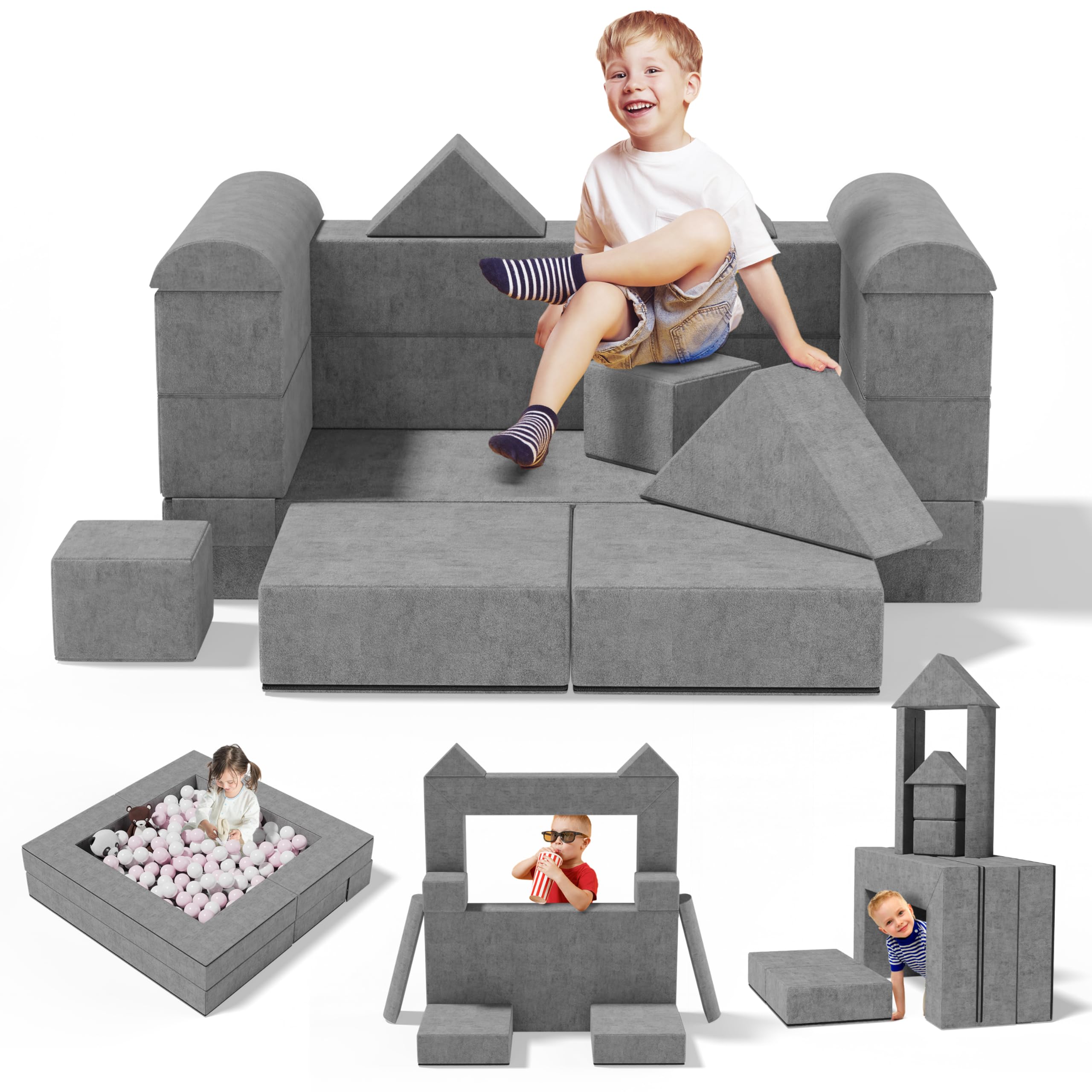 Xilingol Kids Modular Play Couch - 10-Piece Convertible Foam Sofa Set with Ottomans, Toddler Play Furniture for Playroom & Creative Playtime (Gray) | Perfect for Pretend Play, Reading Nook & Indoor Play Space