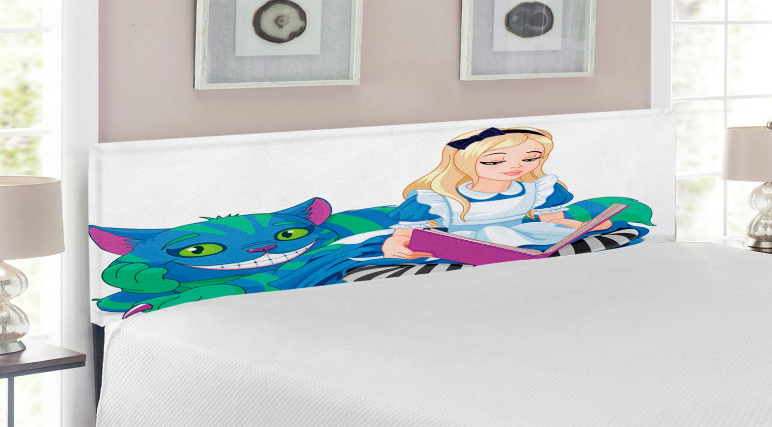 Ambesonne Alice in Wonderland Upholstered Headboard - King Size Decorative Metal Bed Frame with Memory Foam | Colorful Character Design Featuring Alice Reading Book & Cheshire Cat | Perfect for Whimsical Bedroom Decor & Fantasy Theme Rooms