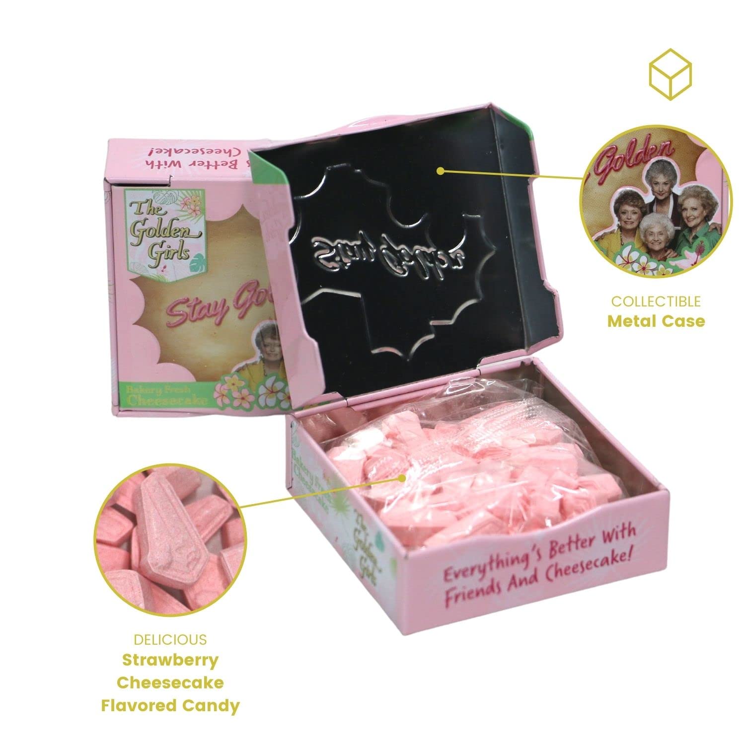 Golden Girls Strawberry Vanilla Cheesecake Candy - Collectible Candy Tin with 2 GosuToys Stickers (2 Pack) | Vintage-Inspired Sweets for Parties, Gifts & Nostalgic Treats