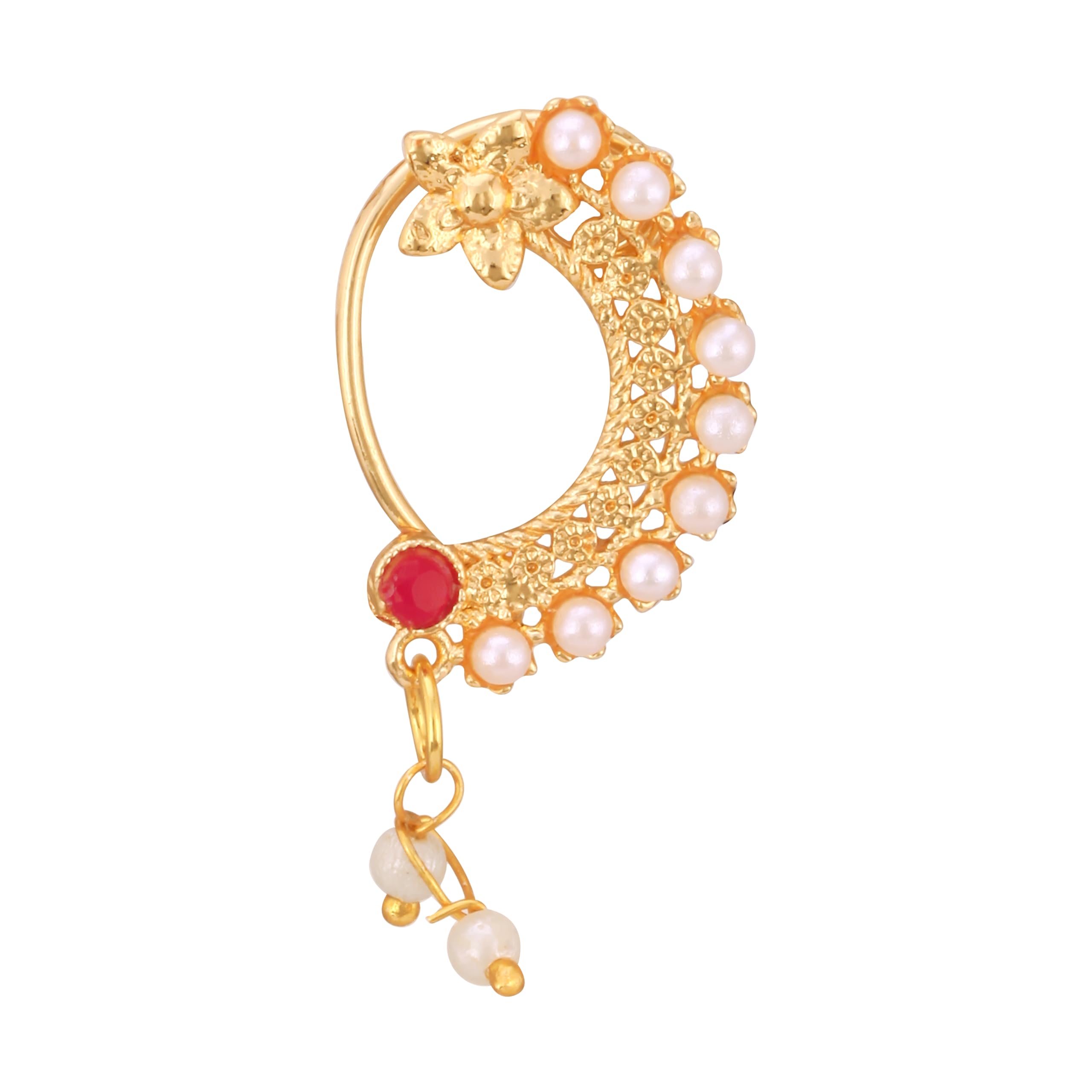 Vighnaharta CZ Red Stone & Pearl Moti Nath Nose Pin Combo Set for Women & Girls [VFJ1265-1266NTH-PRESS] | Traditional Indian Bridal Jewelry for Weddings, Festivals & Special Occasions