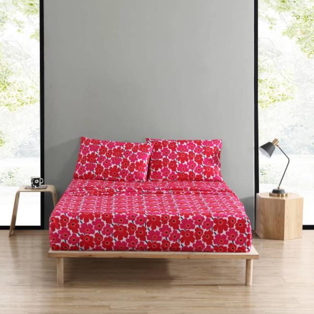 MARIMEKKO Queen Sheets - 100% Cotton Percale Bedding Set | Crisp & Cool Luxury Bed Linens | Unikko Floral Pattern | Perfect for Master Bedroom & Guest Room Decor
