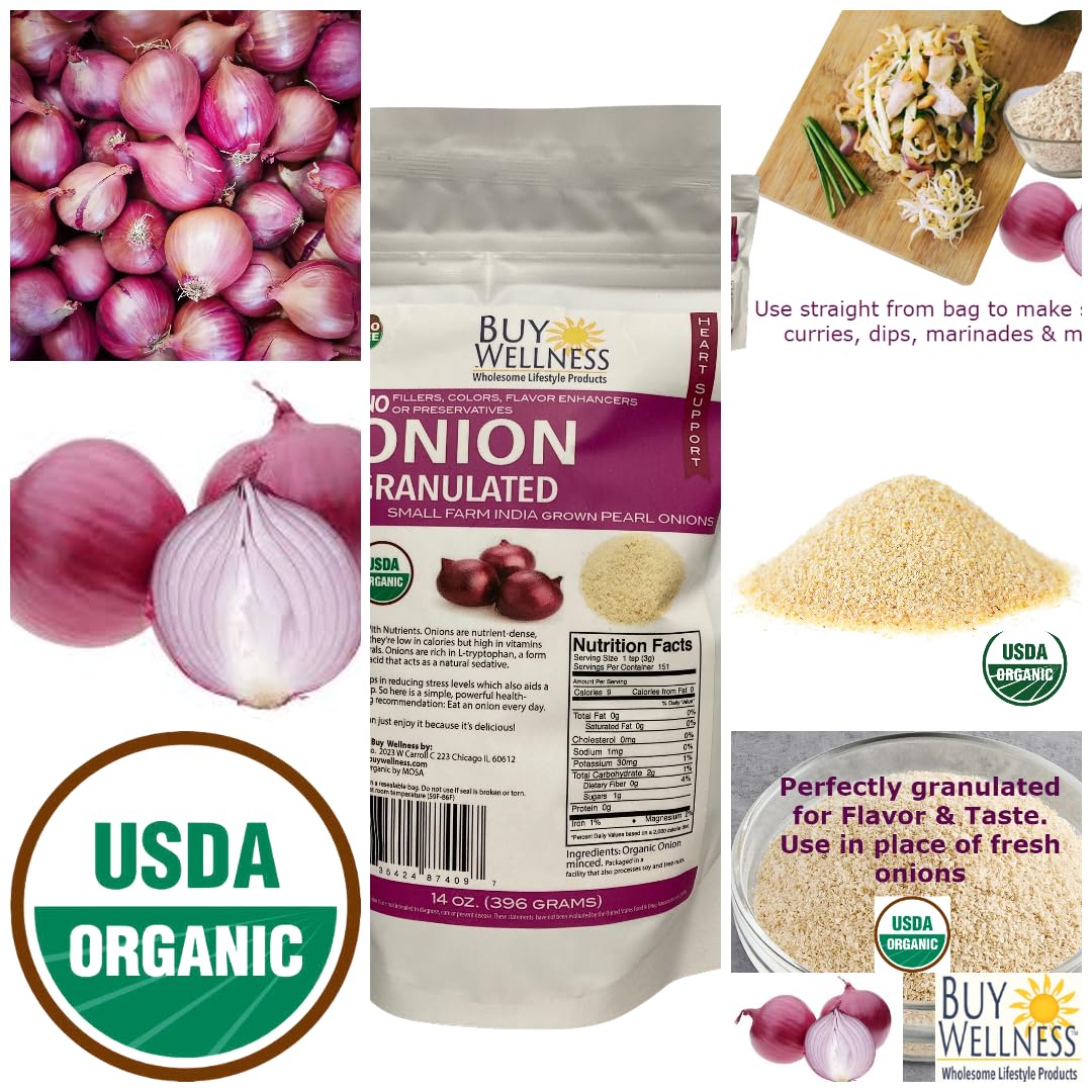 Premium Organic Onion Granules - Bulk 14 oz Bag | Granulated Red Onions & Scallions for Rich Flavor & Fresh Aroma | Ideal for Cooking, Seasoning & Meal Prep
