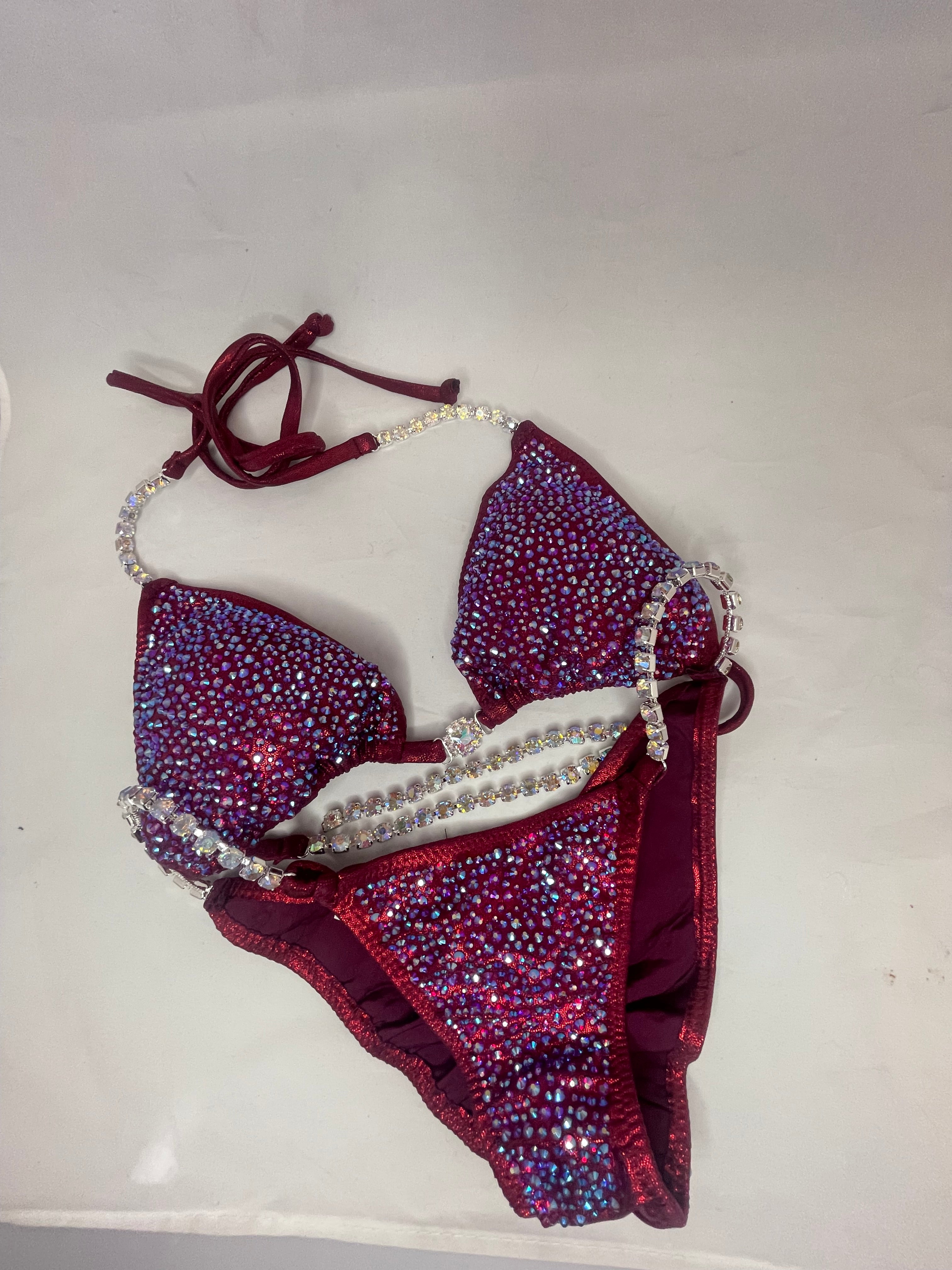 Burgundy Dark Red Maroon Bikini with Multi-Colored Rhinestone Design | Shimmering Swimsuit for Beach, Pool Party & Vacation | Statement Women's Swimwear