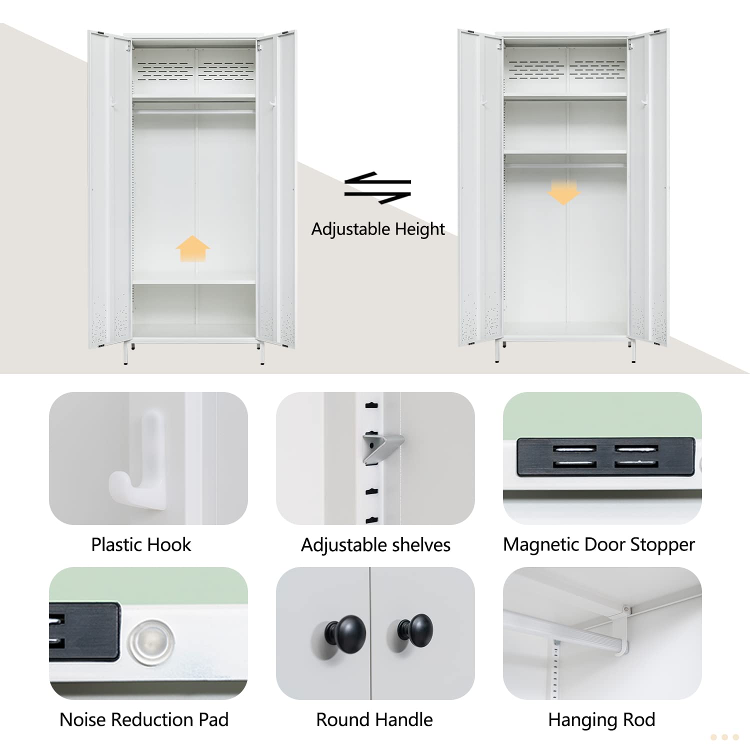 White Metal Storage Cabinet with Hanging Rod - Wardrobe Armoire Closet Organizer for Bedroom, Laundry Room & Home Organization - Perfect for Clothes Storage, Linen Organization & Small Space Saving