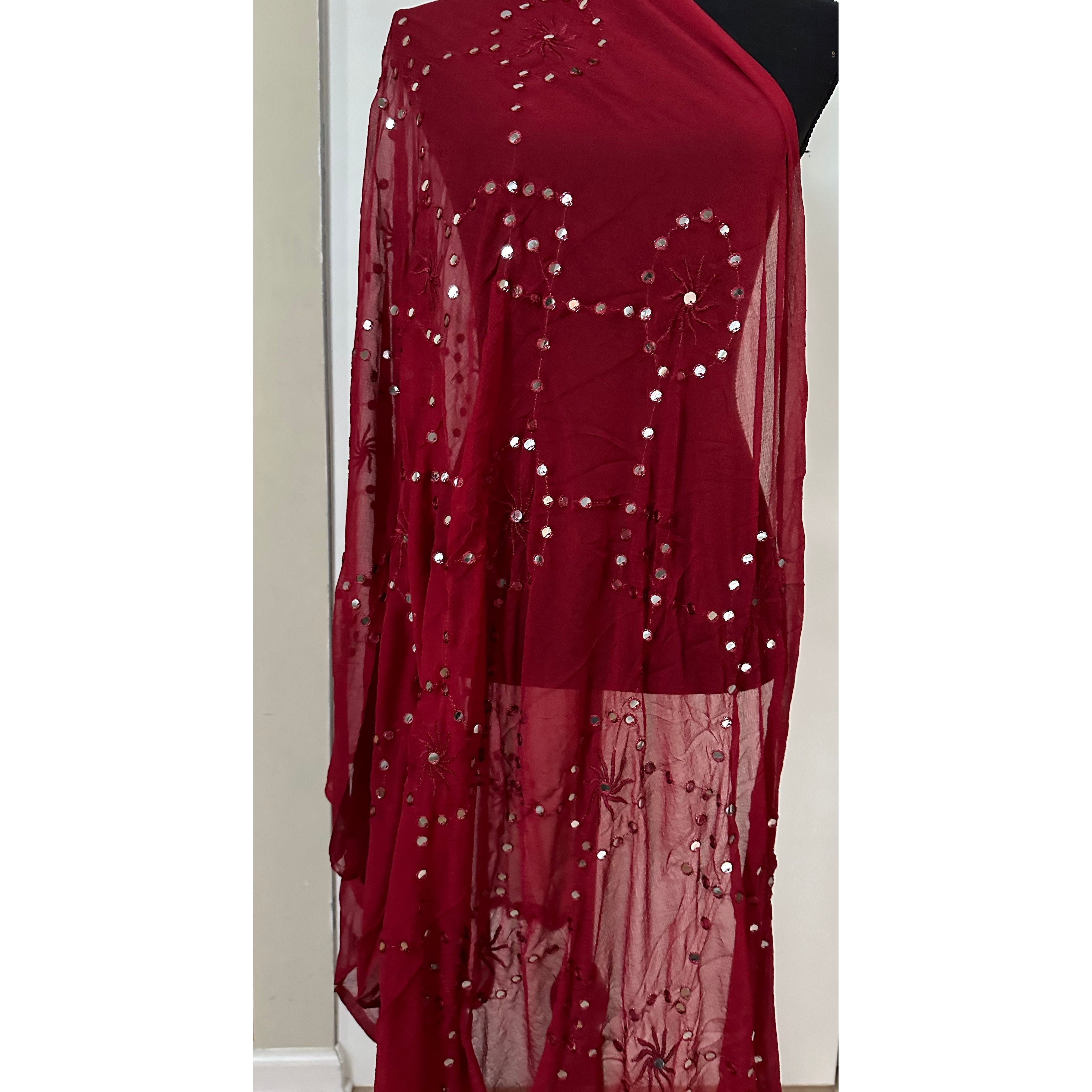 Elegant Maroon Dupatta with Mirror Embroidery - Perfect for Weddings, Parties & Festive Occasions