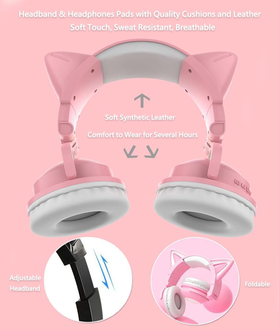 Pink Cat Ear Headphones with Mic - Bluetooth 5.0 Gaming Headset, RGB LED Light Up Ears, Foldable & Adjustable Over-Ear Design, Wireless/3.5mm Wired for PC, Mobile, Tablet - Perfect for Gaming, Streaming & Cosplay