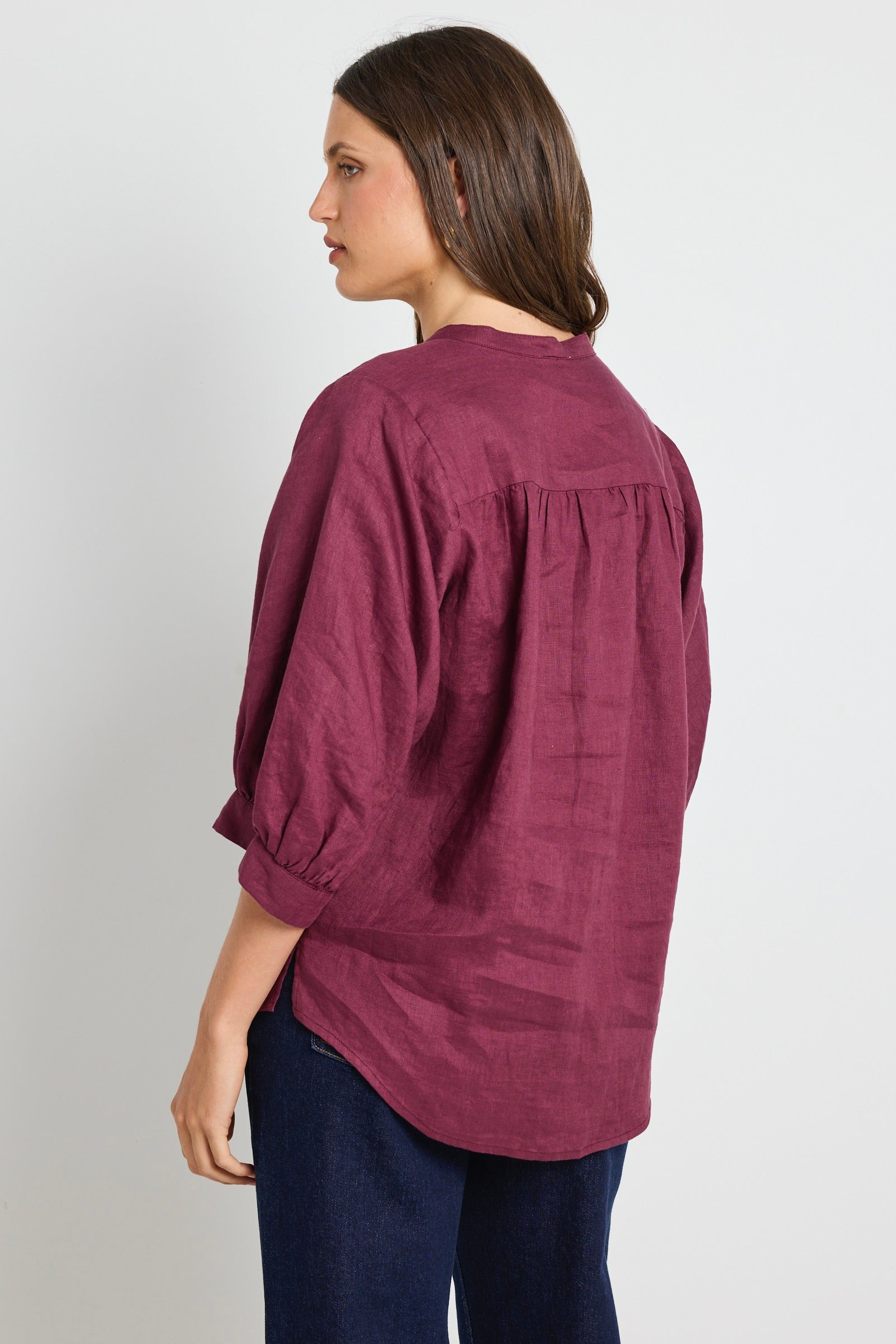 Deity Women's Burgundy Plum Linen Button-Down Blouse with Puff Sleeves - Elegant Casual Top for Office, Date Night & Summer Outfits